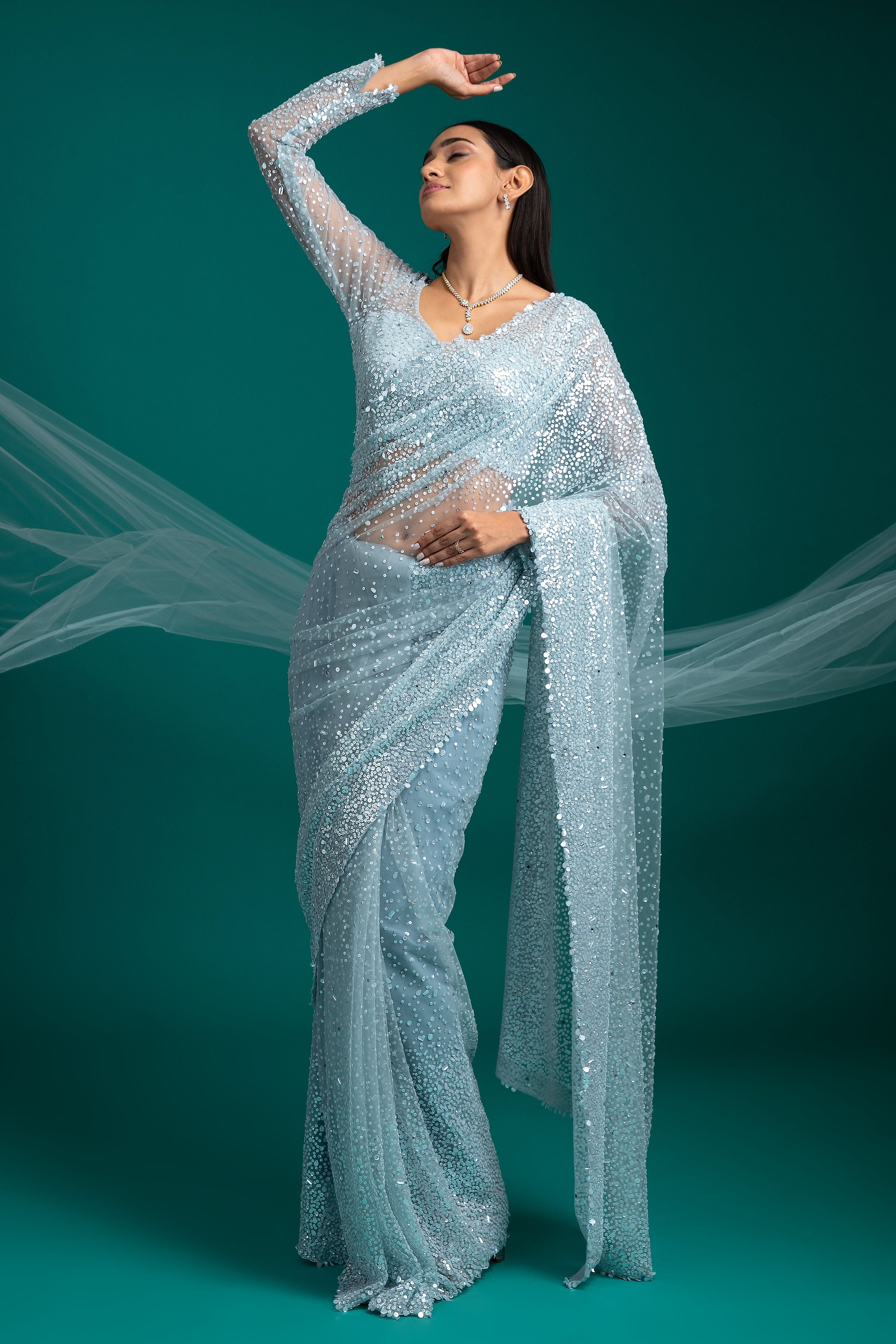 Ice Blue Sequined Net Saree - Mokshaa