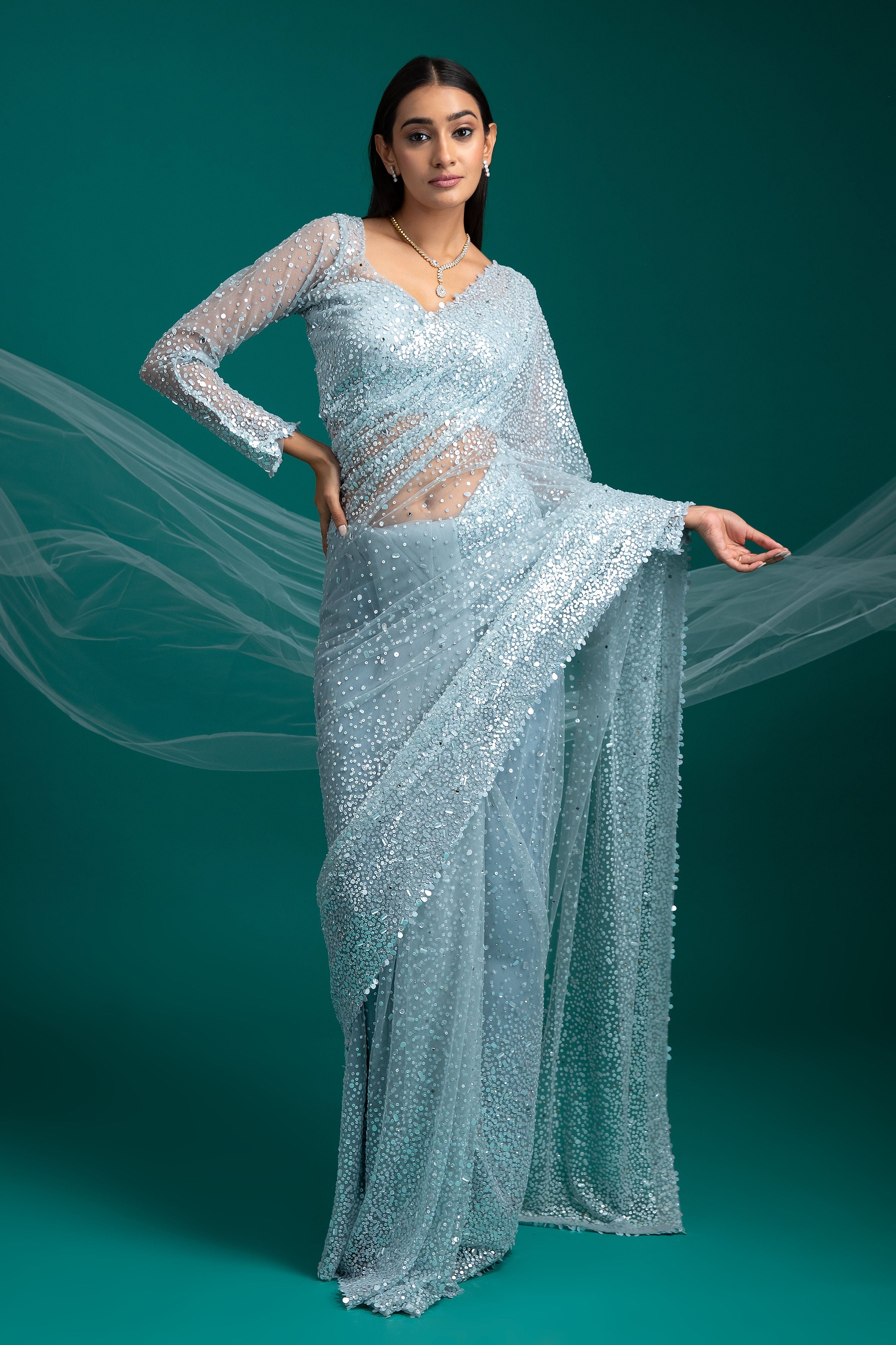 Ice Blue Sequined Net Saree - Mokshaa