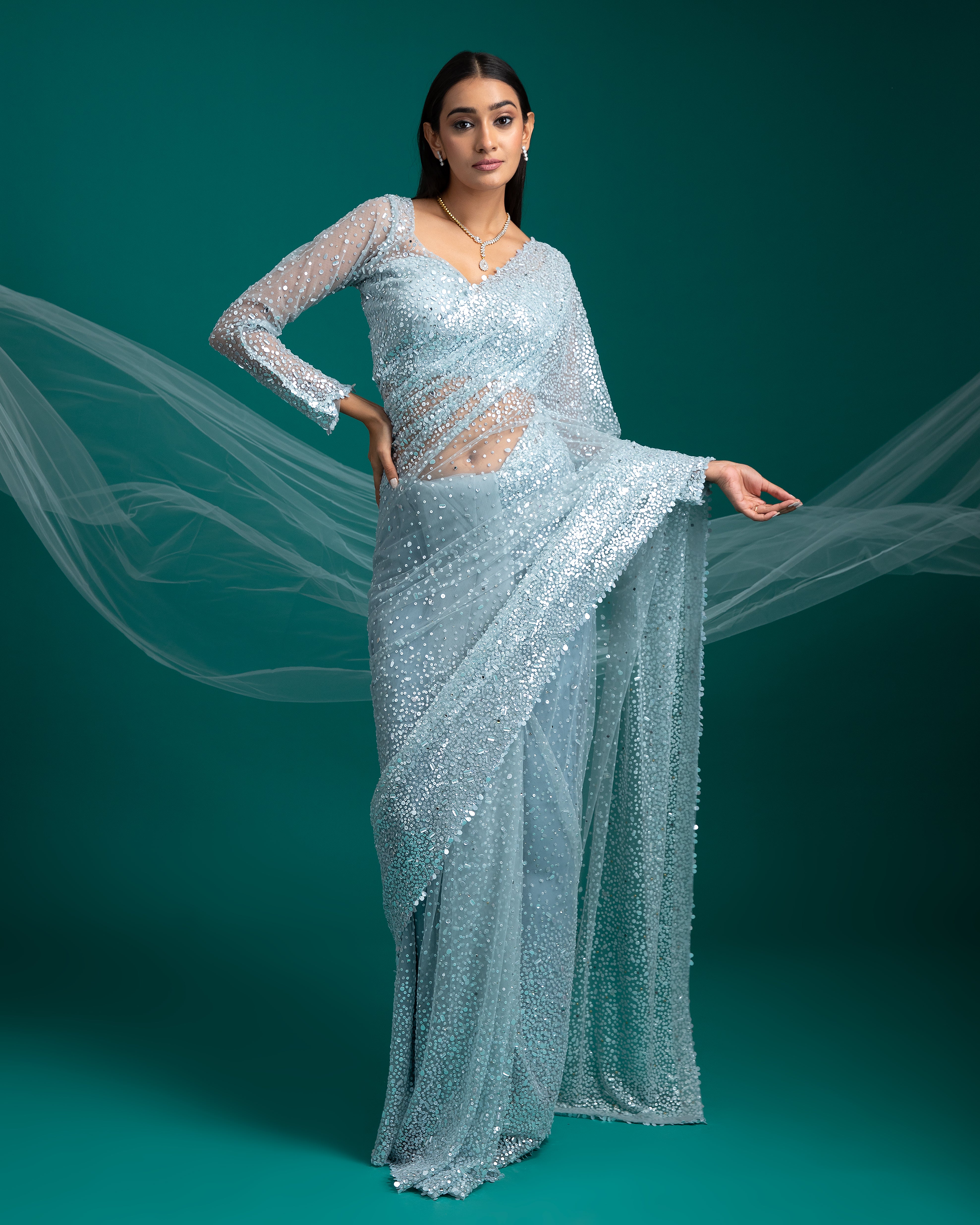 Ice Blue Sequined Net Saree - Mokshaa