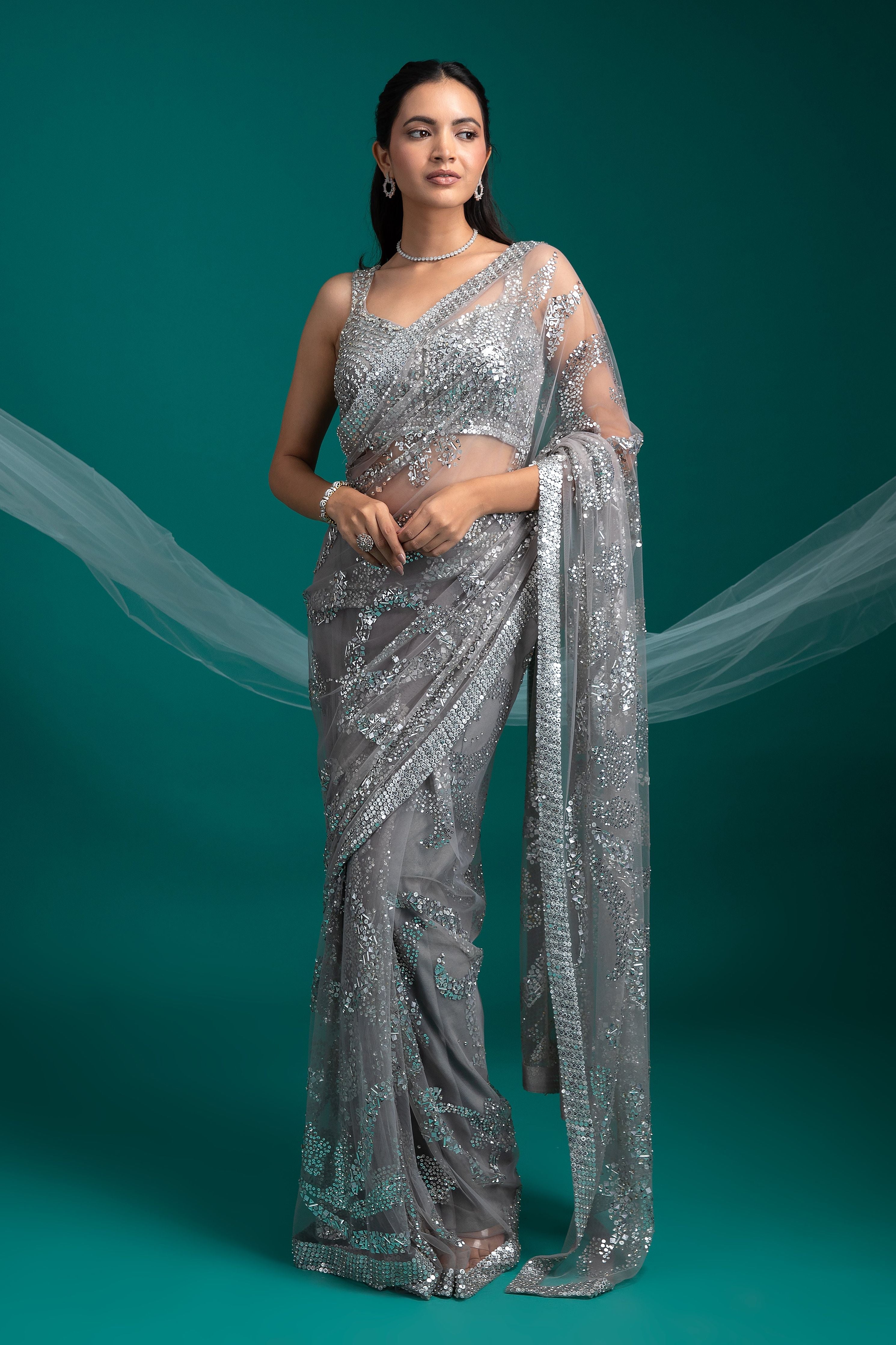 Silver Grey Sequined Net Saree - Mokshaa