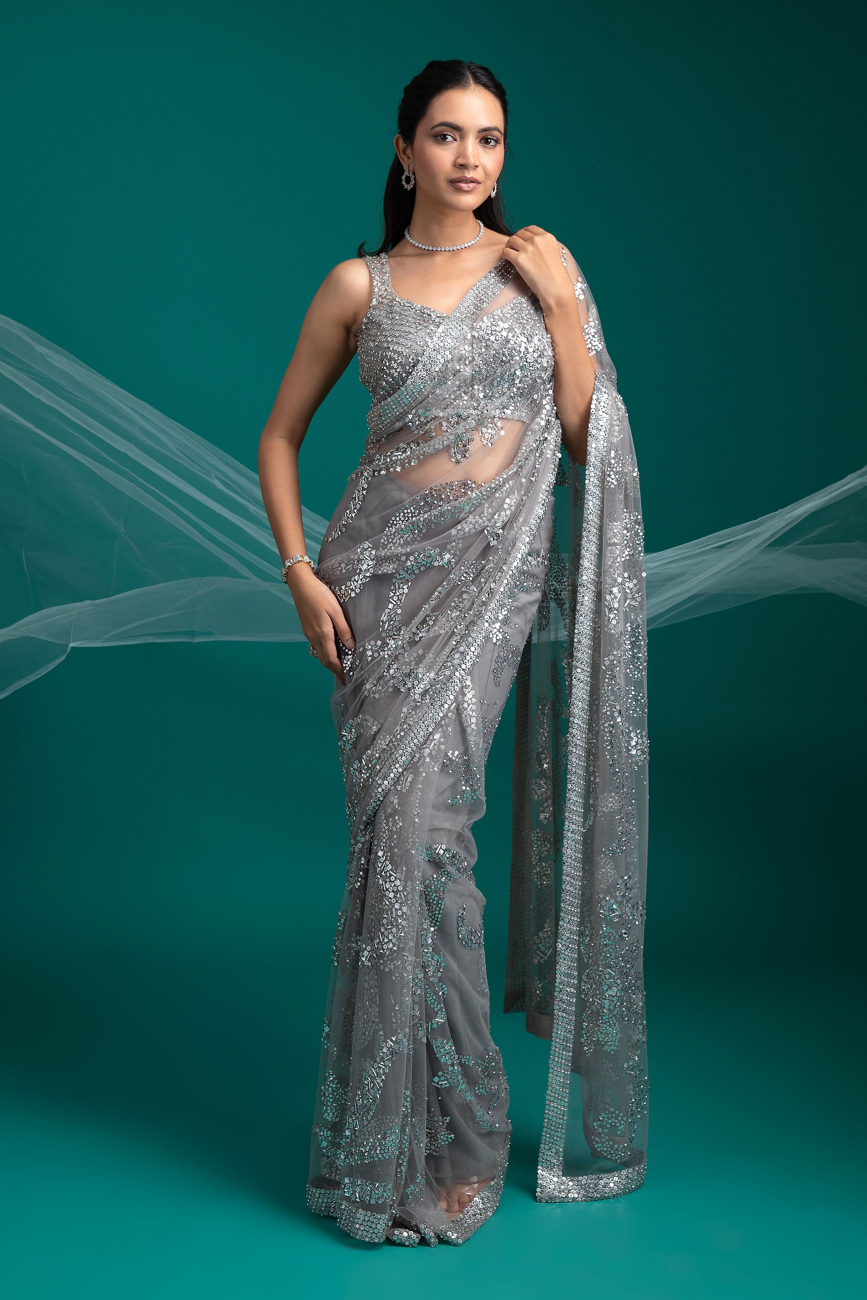 Silver Grey Sequined Net Saree - Mokshaa