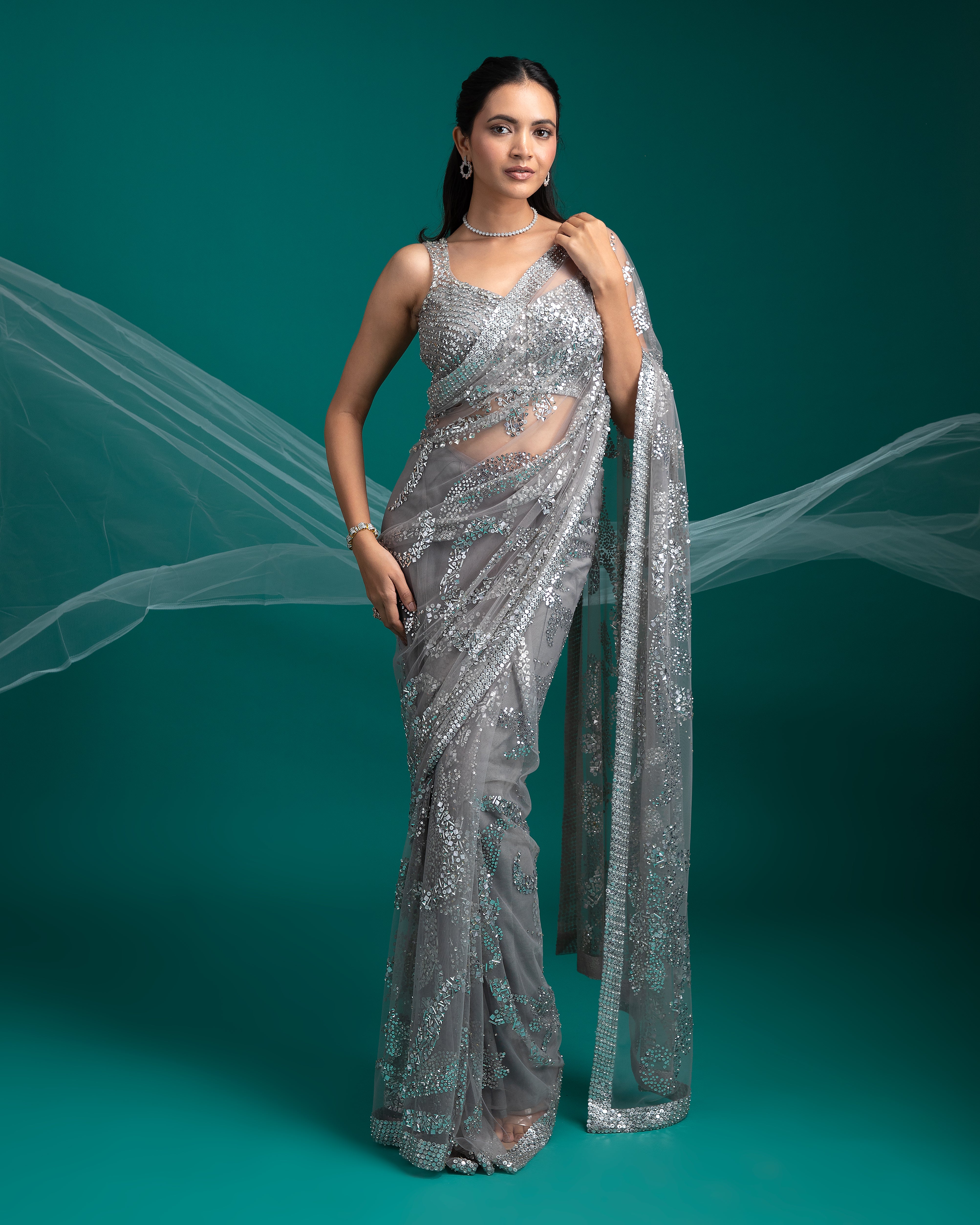 Silver Grey Sequined Net Saree - Mokshaa