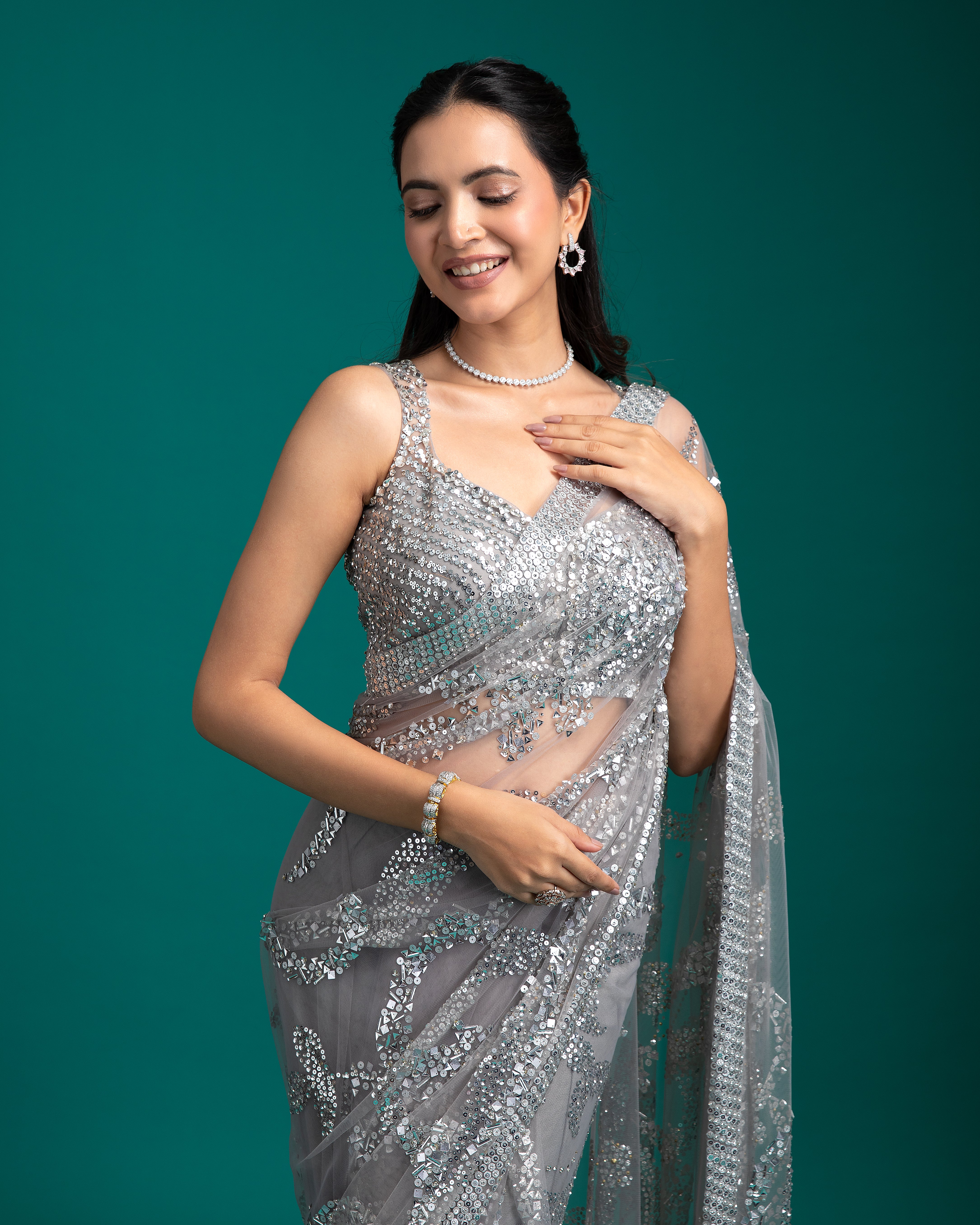 Silver Grey Sequined Net Saree - Mokshaa