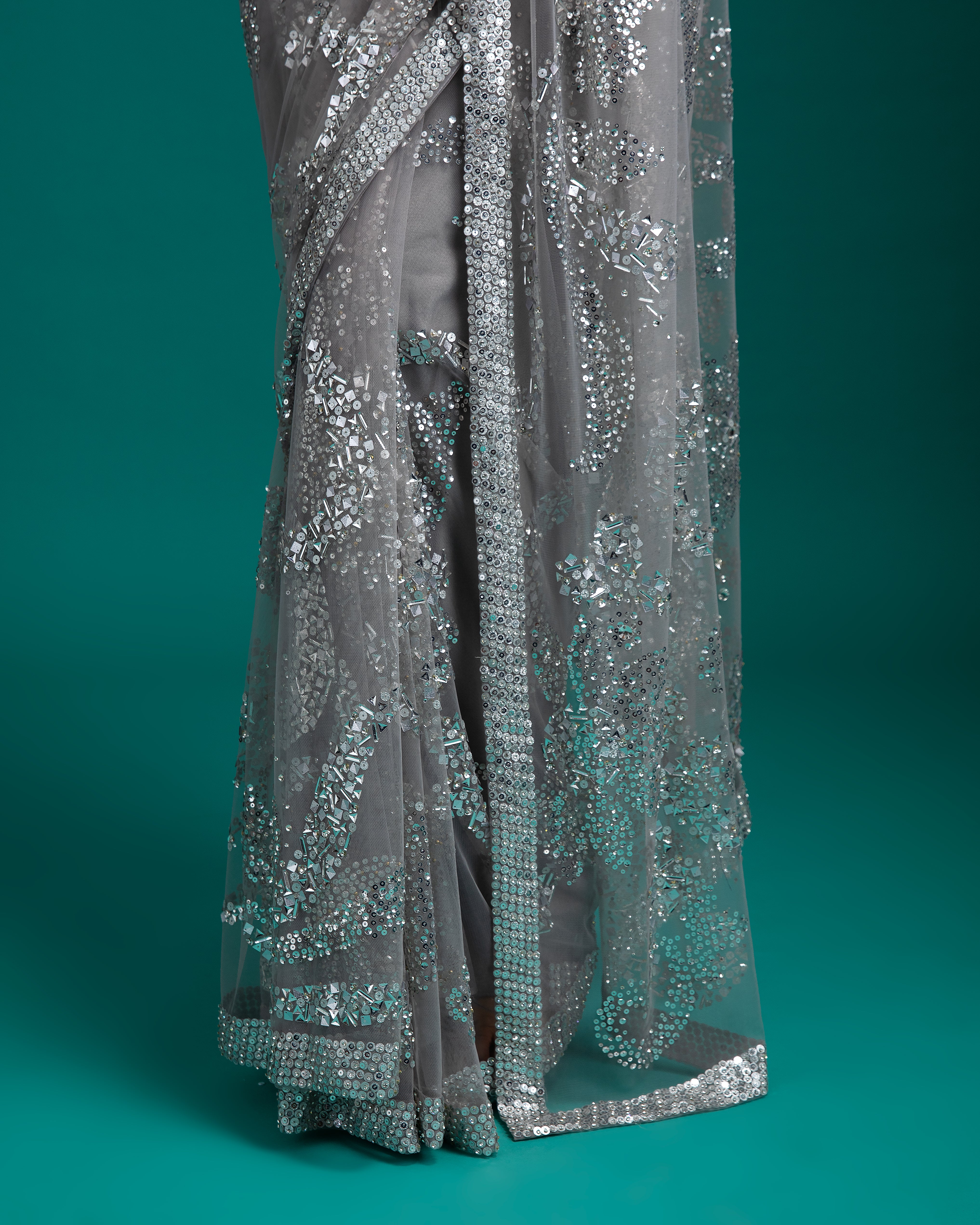 Silver Grey Sequined Net Saree - Mokshaa