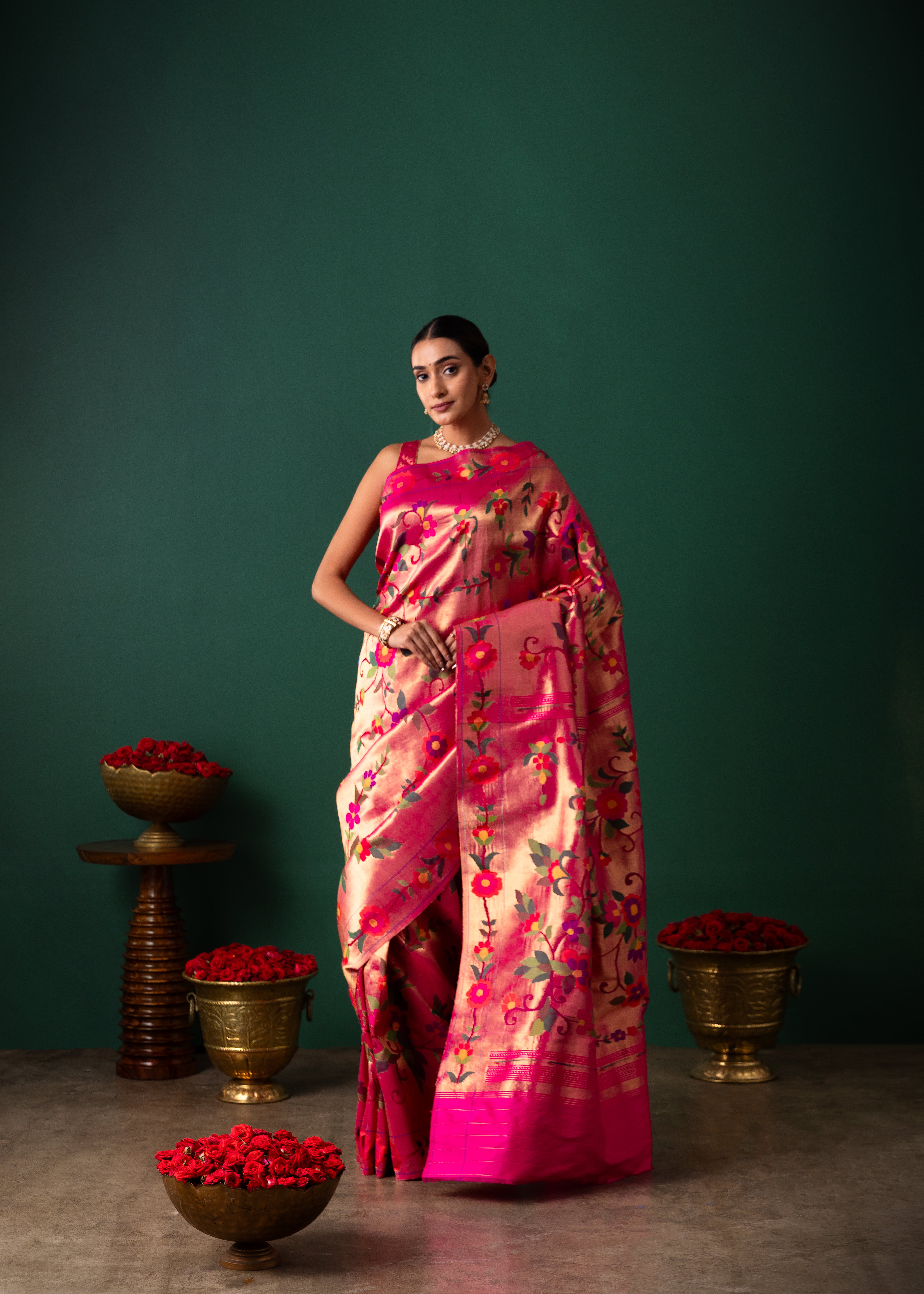 Pink Paithani Tissue Saree with All Over Jaal Weaving