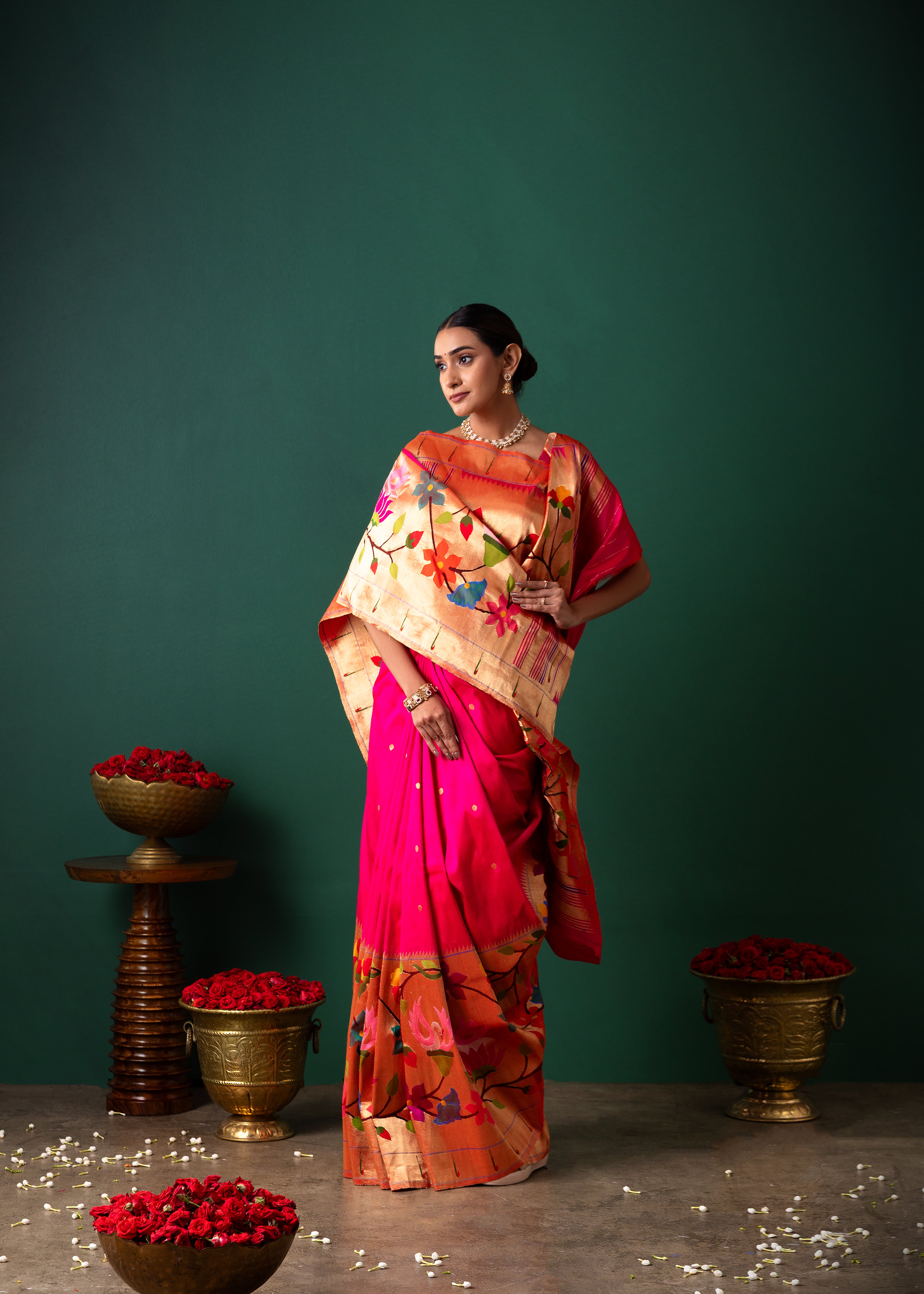 Pink Orange Paithani Silk Saree Buttis & Jaal Border