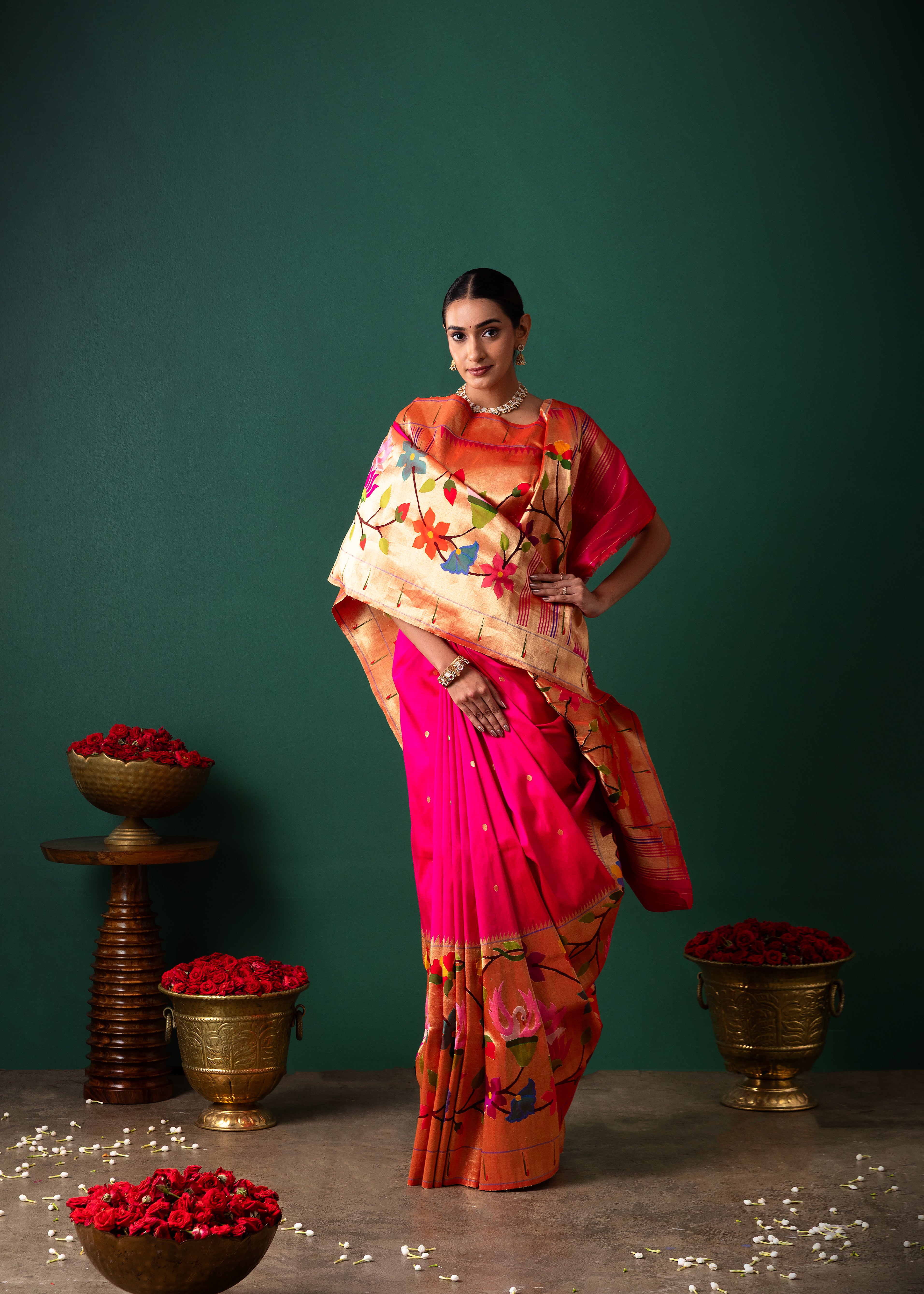 Pink Orange Paithani Silk Saree Buttis & Jaal Border