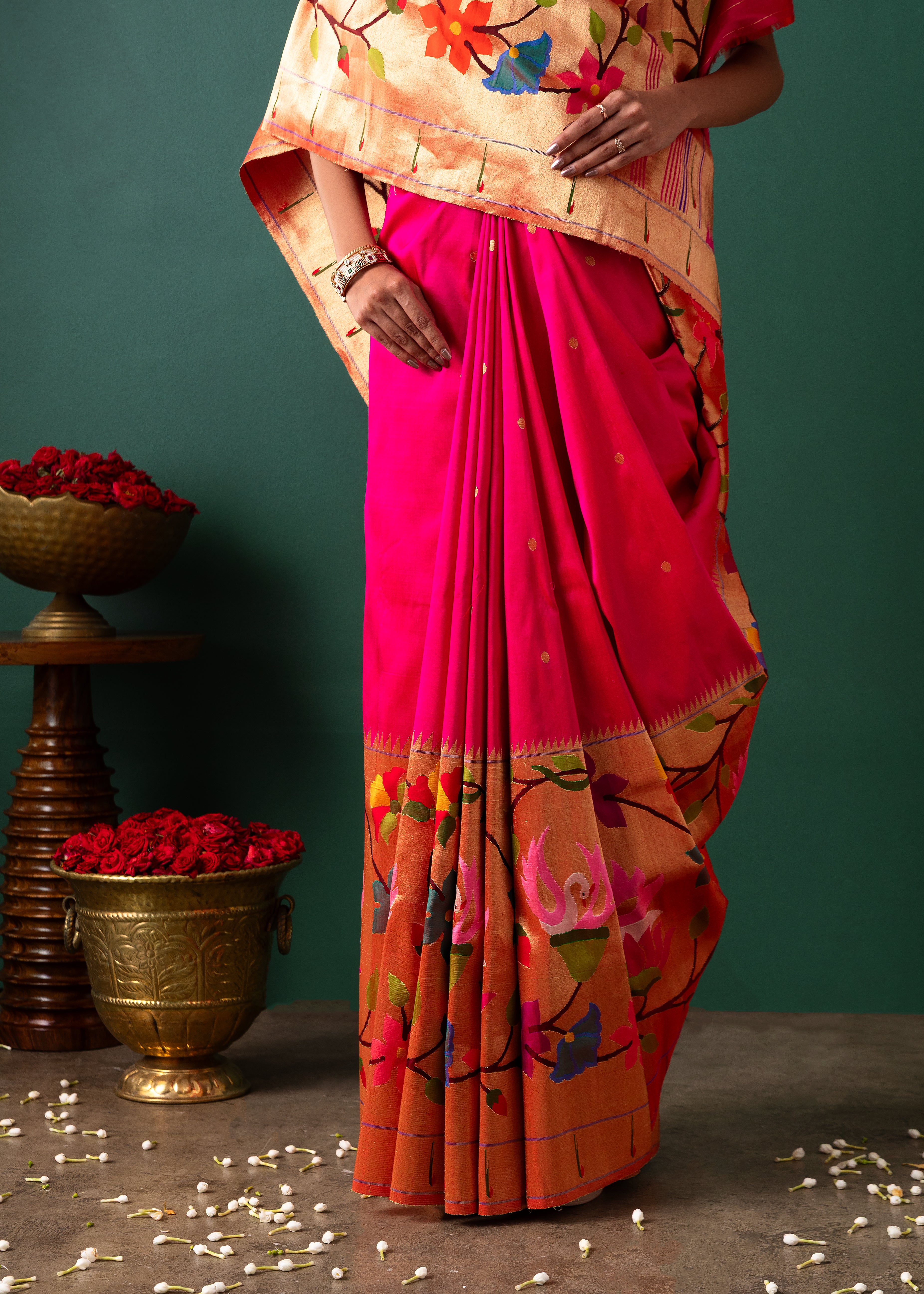 Pink Orange Paithani Silk Saree Buttis & Jaal Border