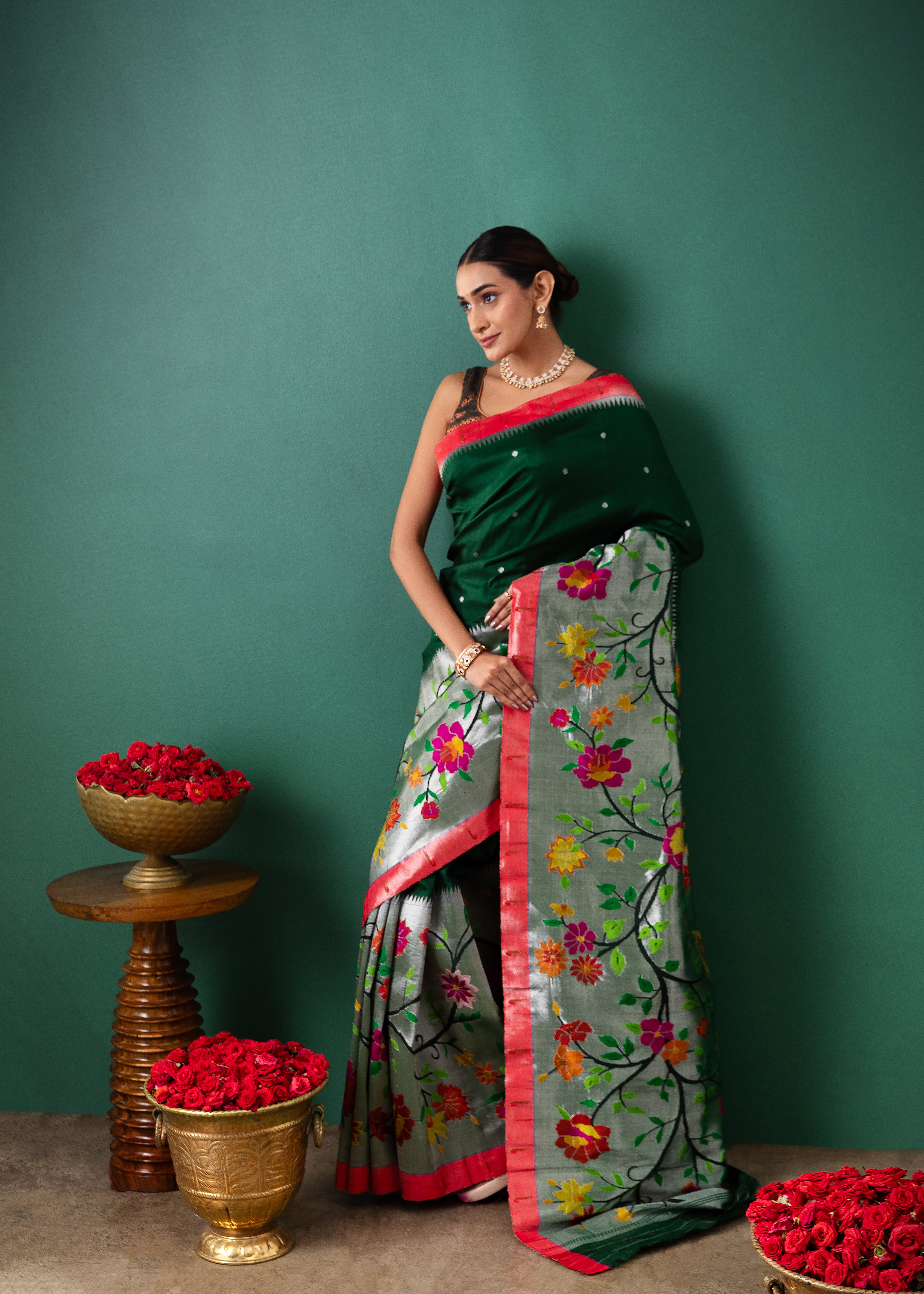 Green Paithani Tissue Saree with All Over Jaal Weaving