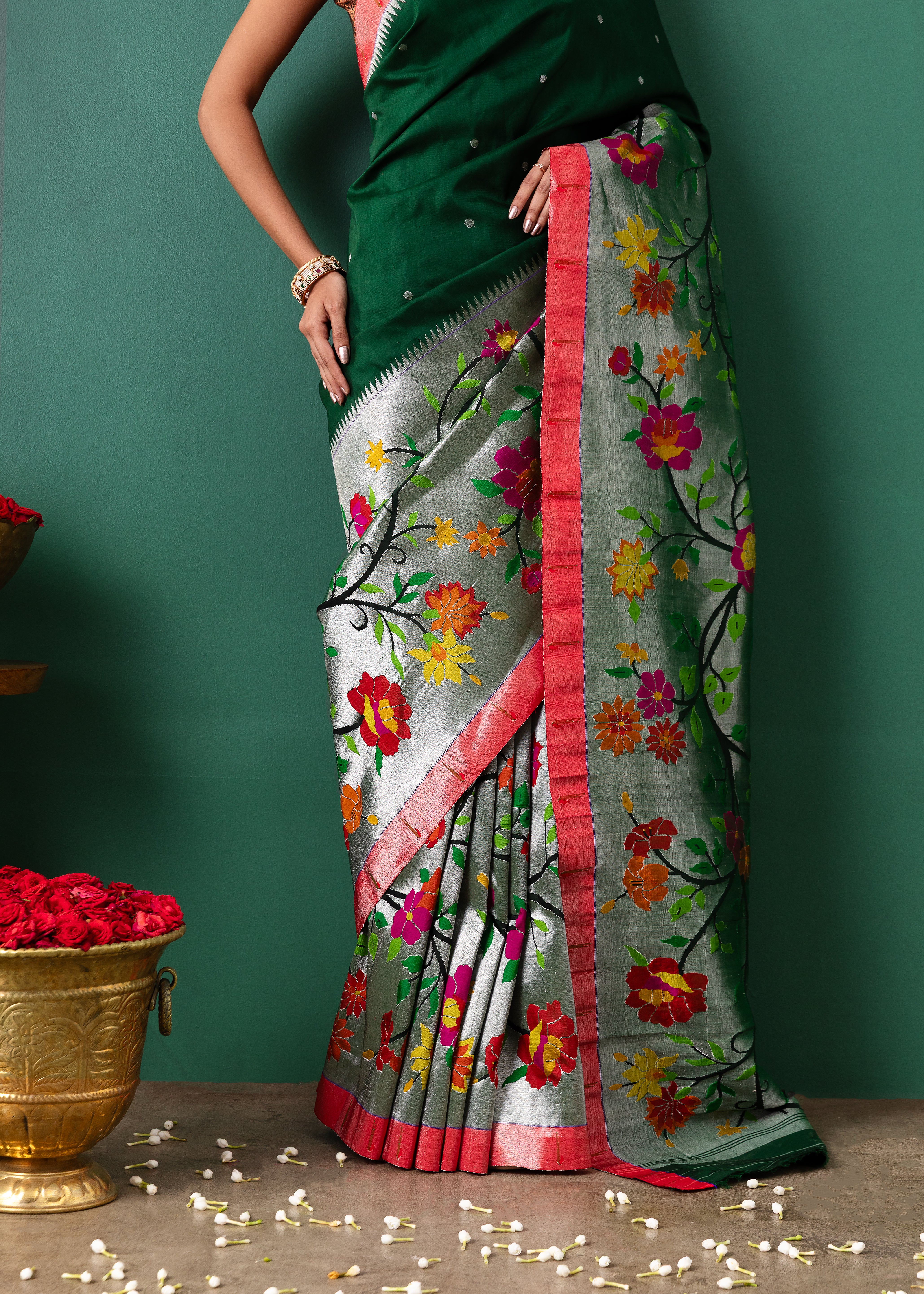 Green Paithani Tissue Saree with All Over Jaal Weaving