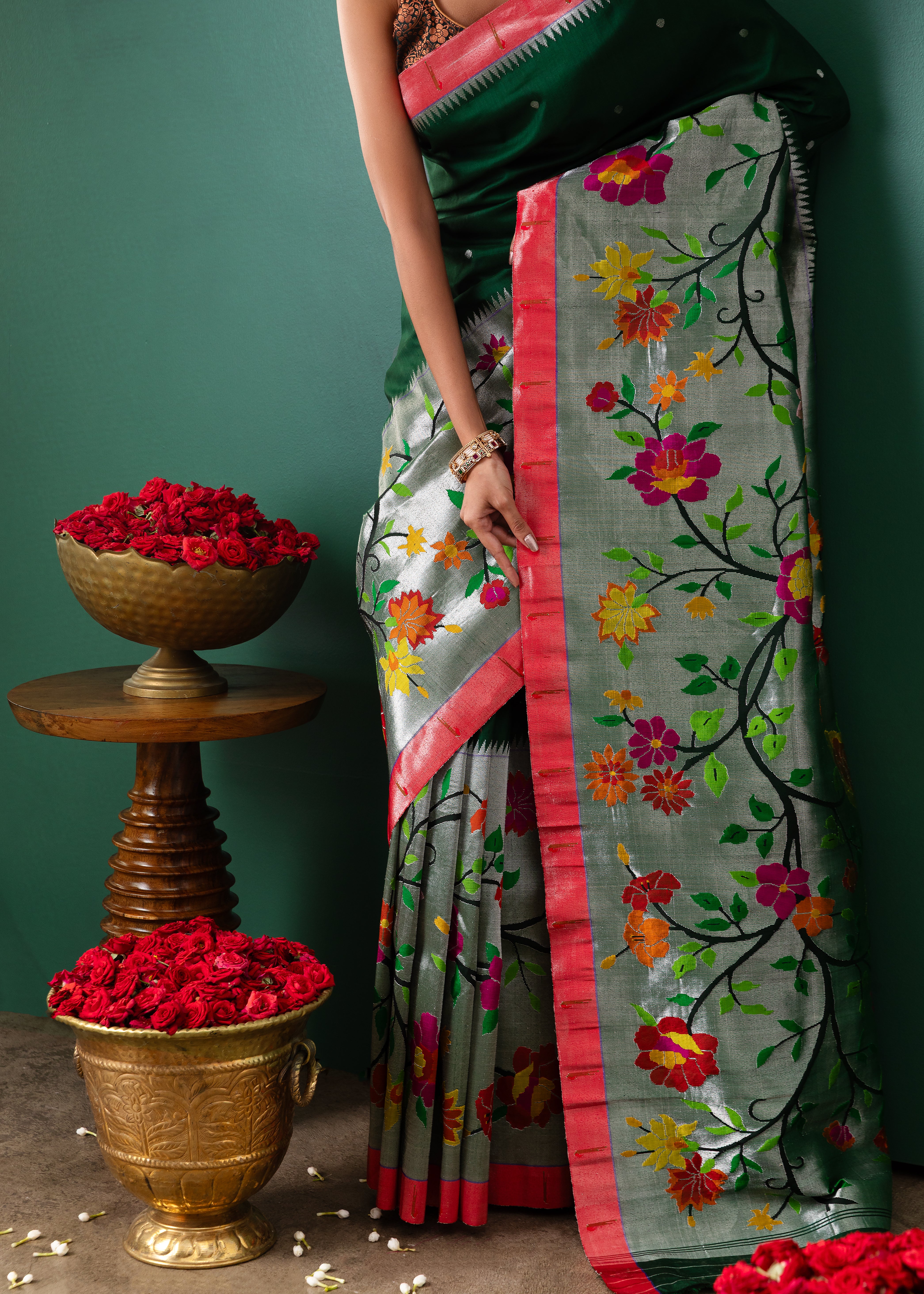 Green Paithani Tissue Saree with All Over Jaal Weaving