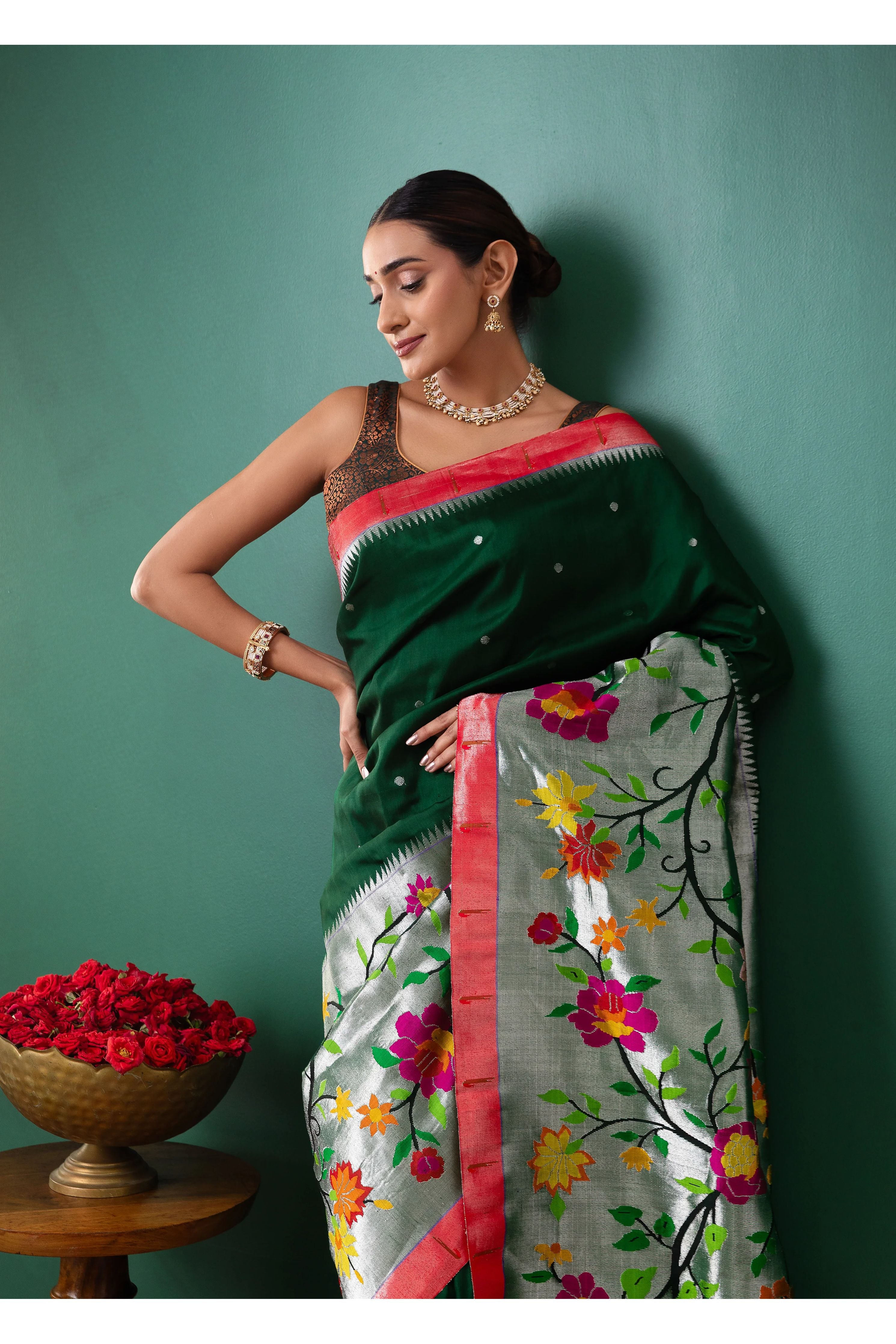 Green Paithani Tissue Saree with All Over Jaal Weaving - Mokshaa