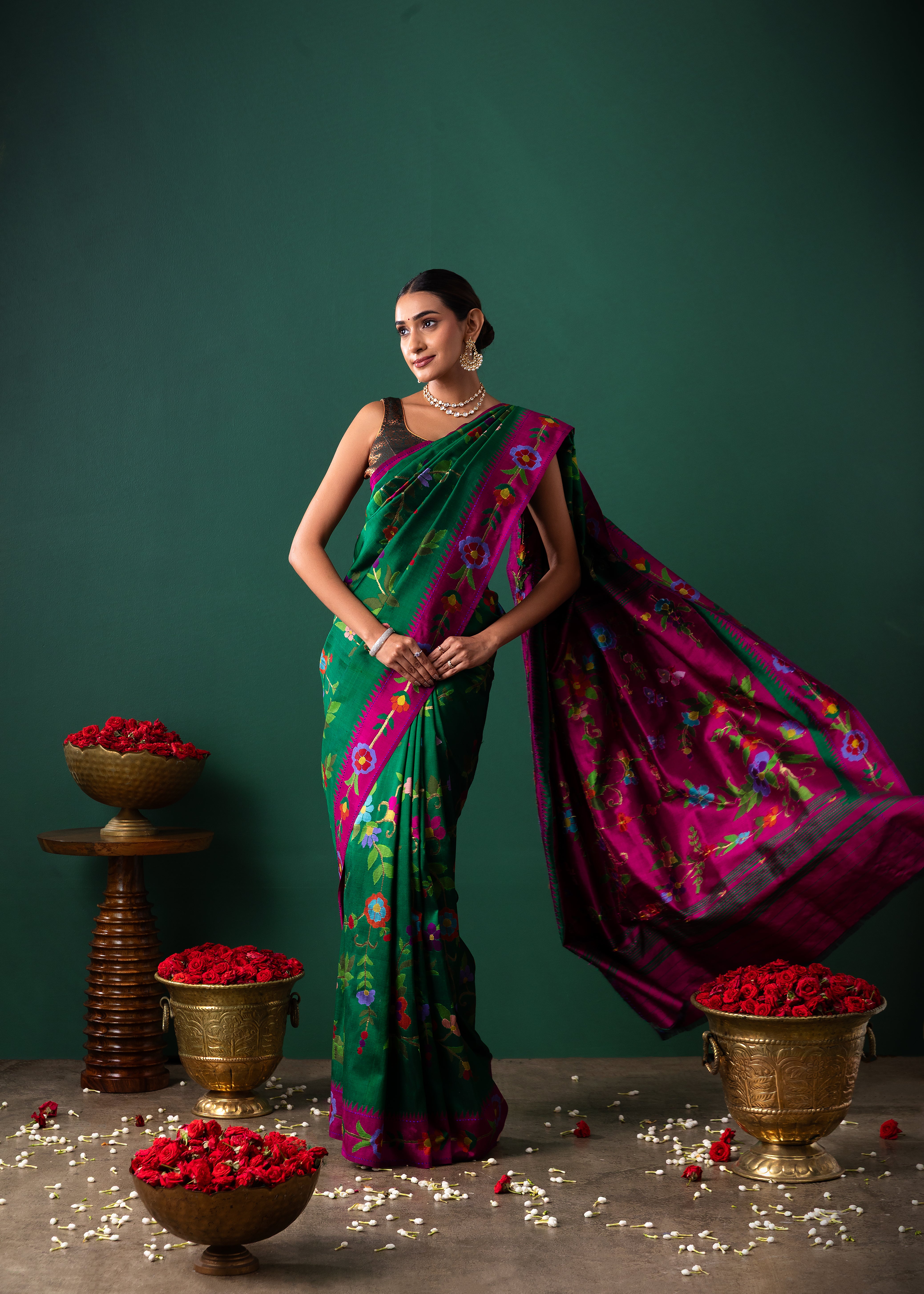 Green Paithani Silk Saree with All Over Jaal and Contrast Pink Border