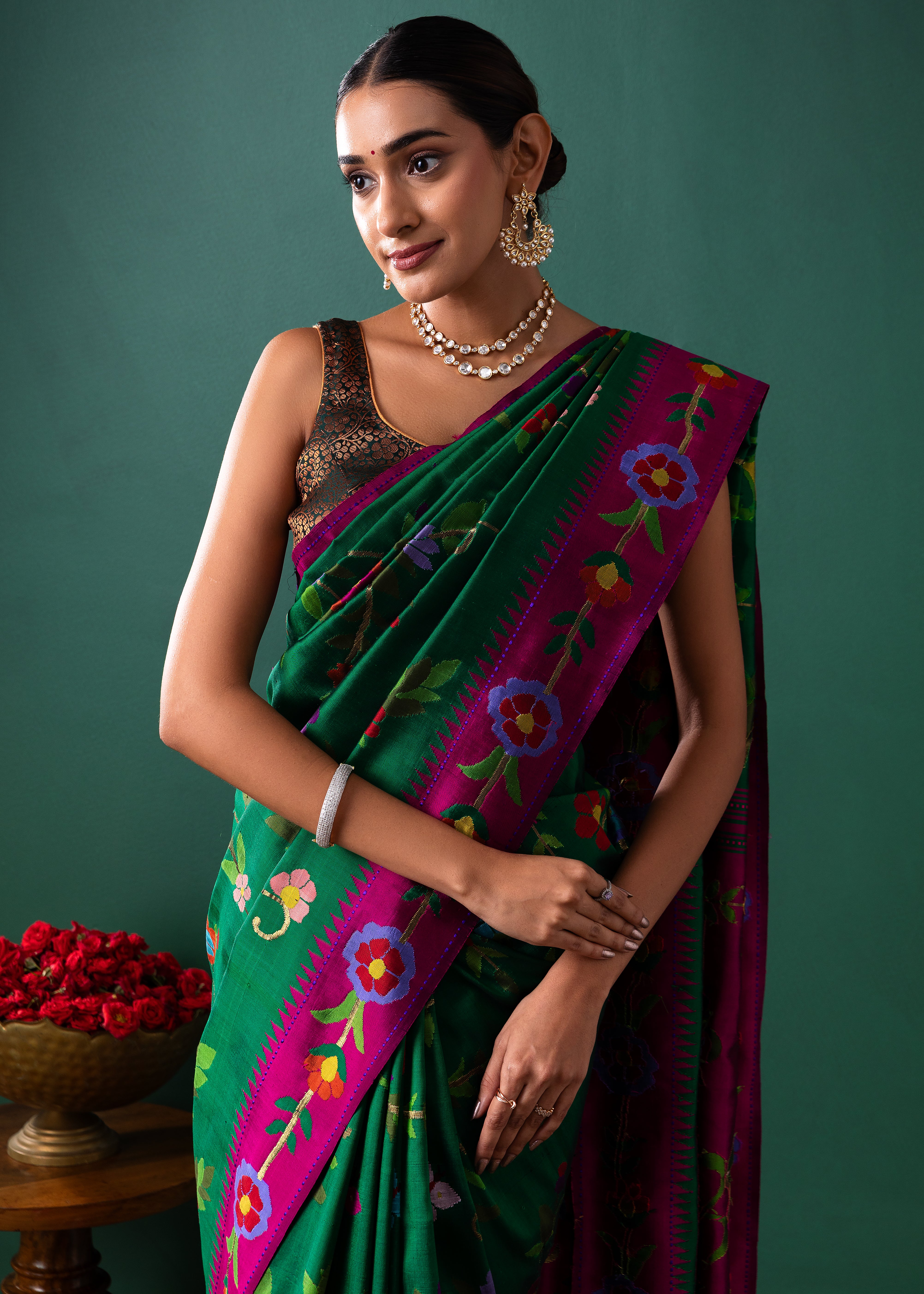 Green Paithani Silk Saree with All Over Jaal and Contrast Pink Border