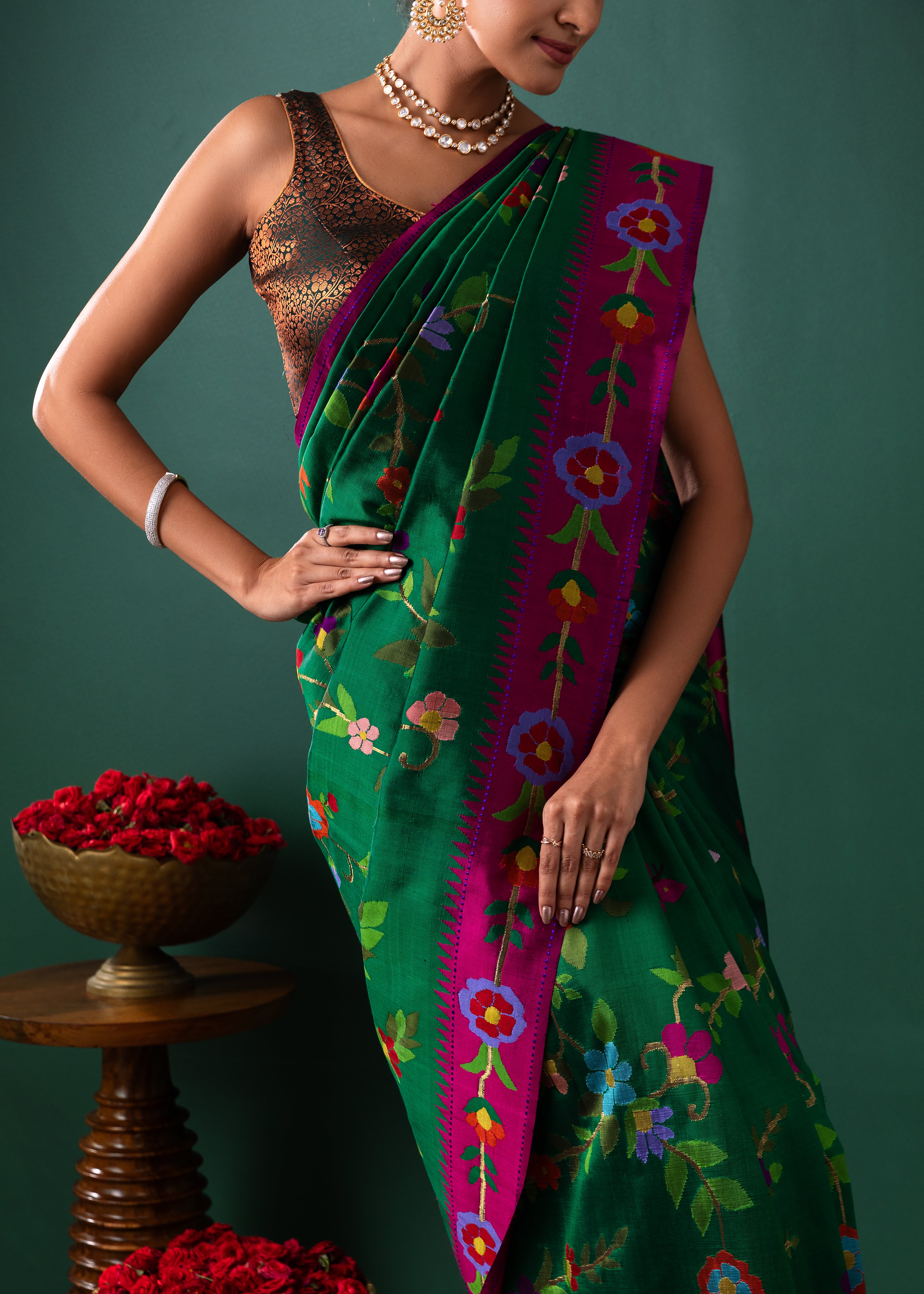 Green Paithani Silk Saree with All Over Jaal and Contrast Pink Border