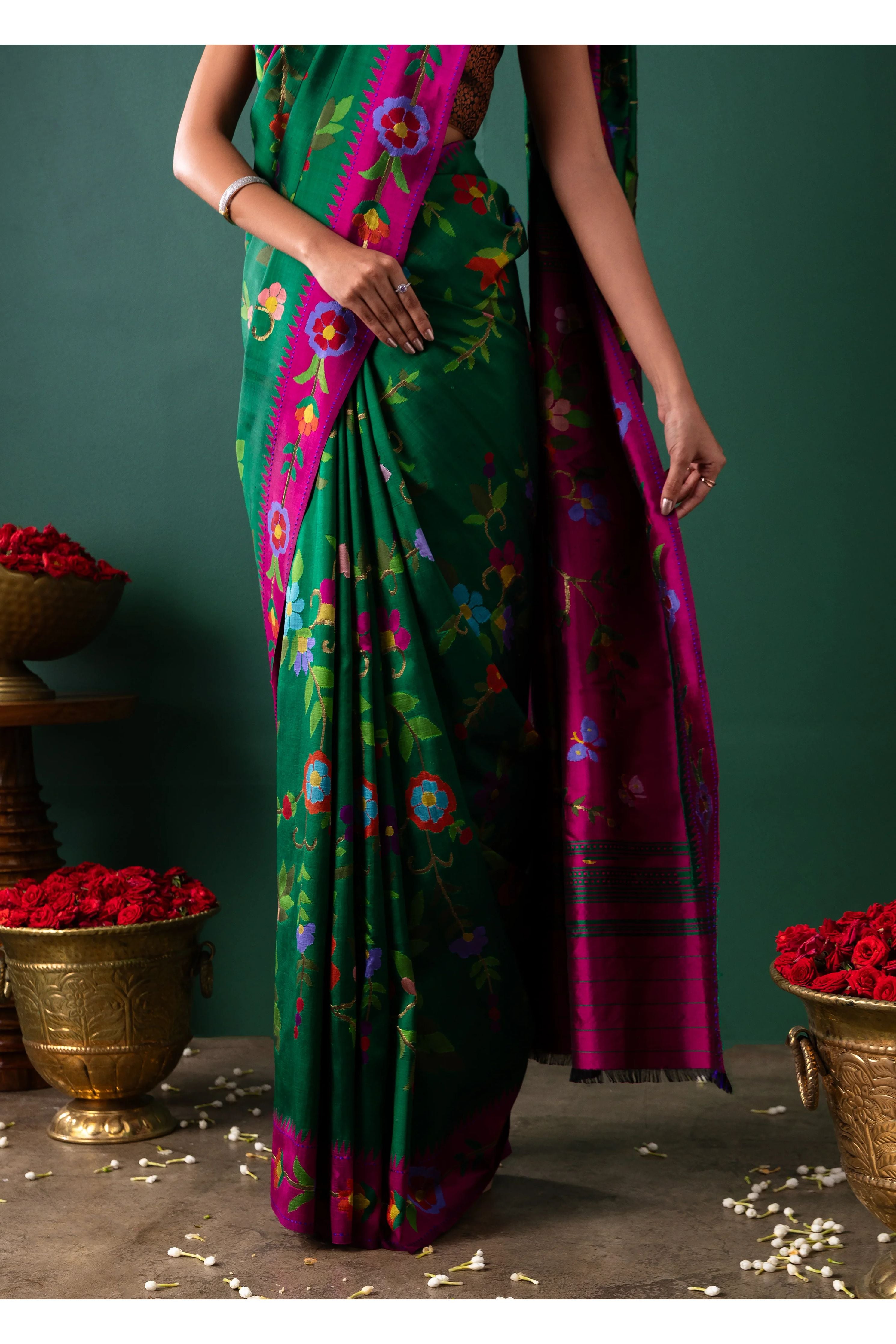 Green Paithani Silk Saree with All Over Jaal and Contrast Pink Border - Mokshaa