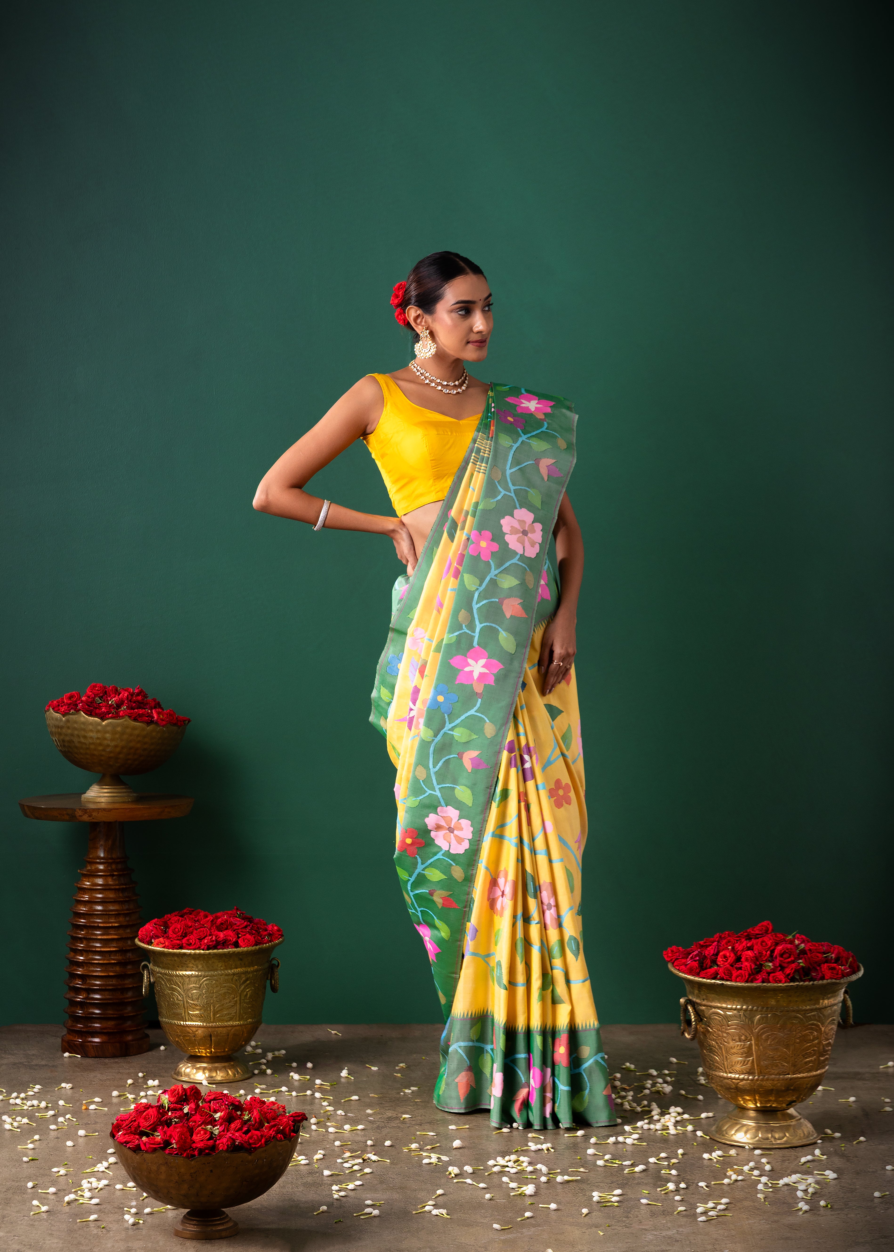 Yellow Paithani Silk Saree with All Over Jaal Weaving