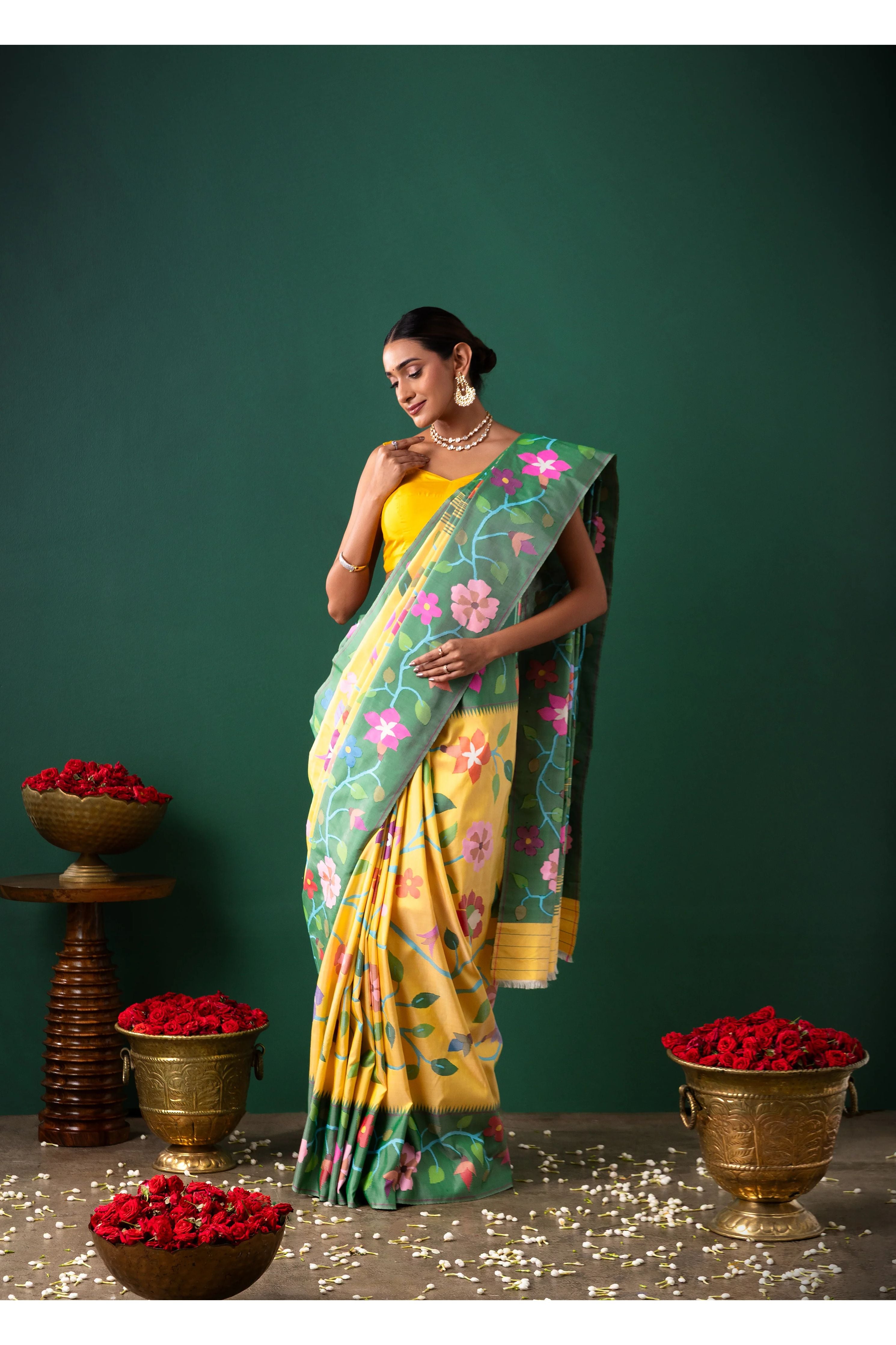 Yellow Paithani Silk Saree with All Over Jaal Weaving - Mokshaa