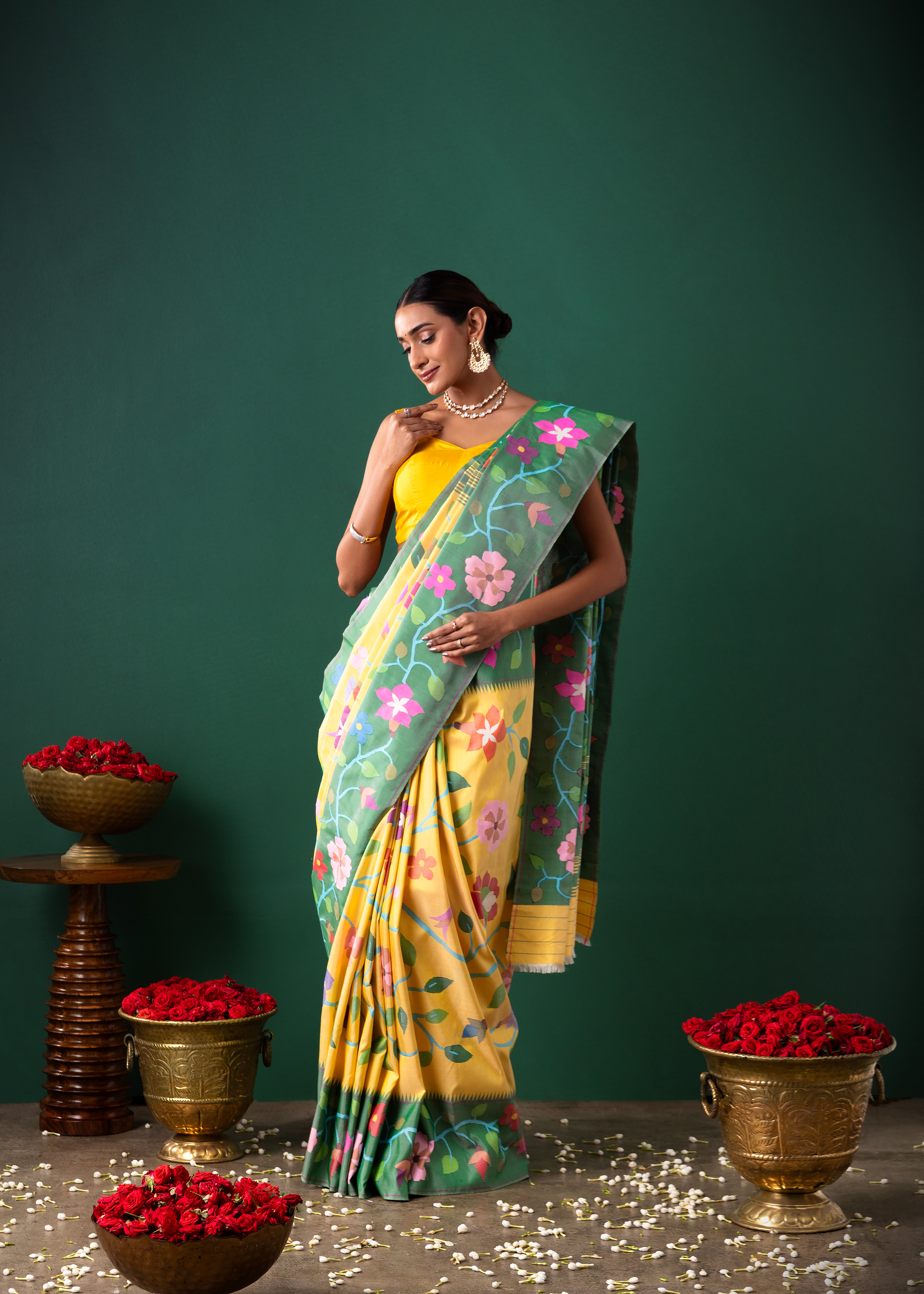 Yellow Paithani Silk Saree with All Over Jaal Weaving