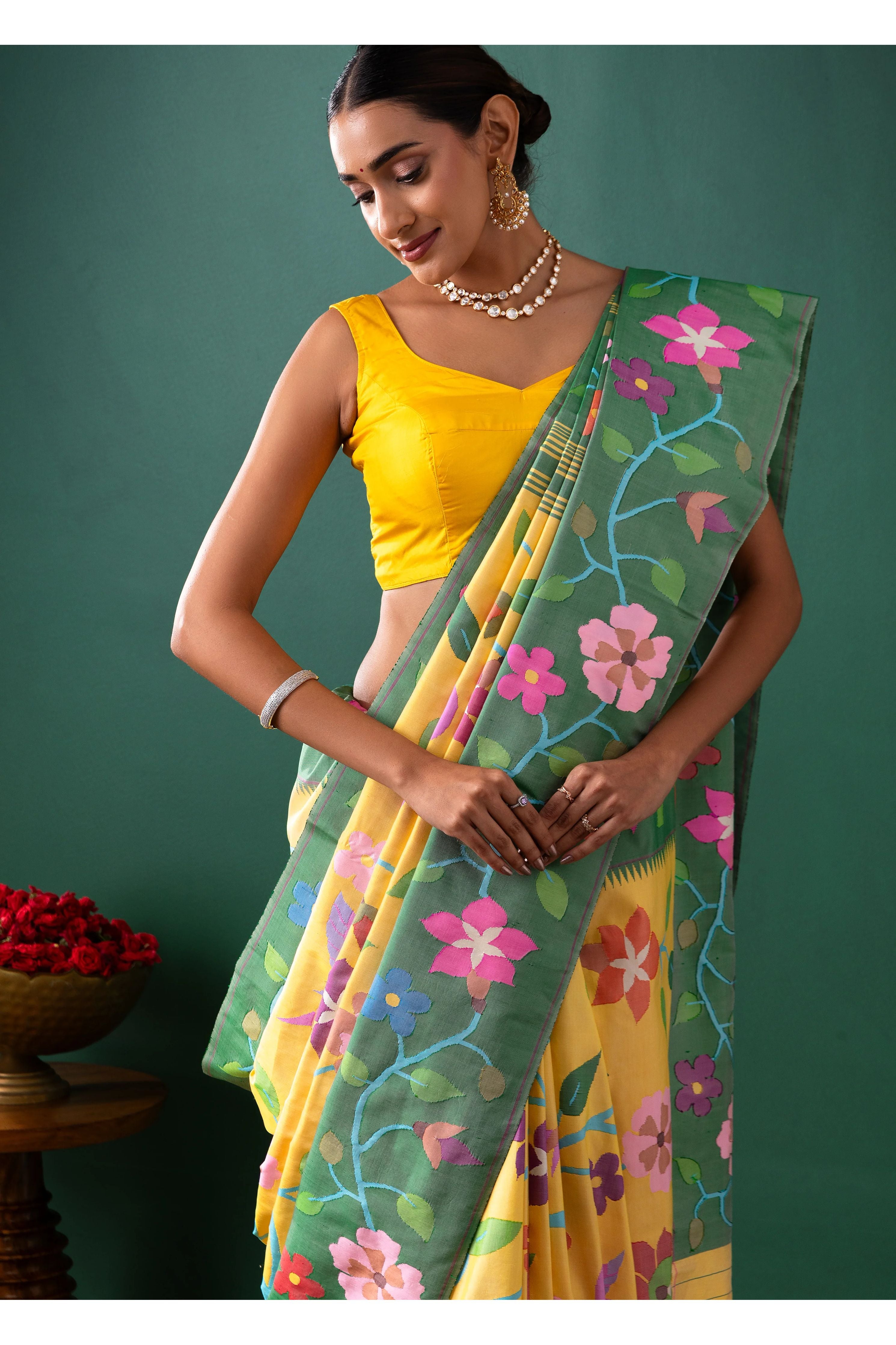 Yellow Paithani Silk Saree with All Over Jaal Weaving - Mokshaa