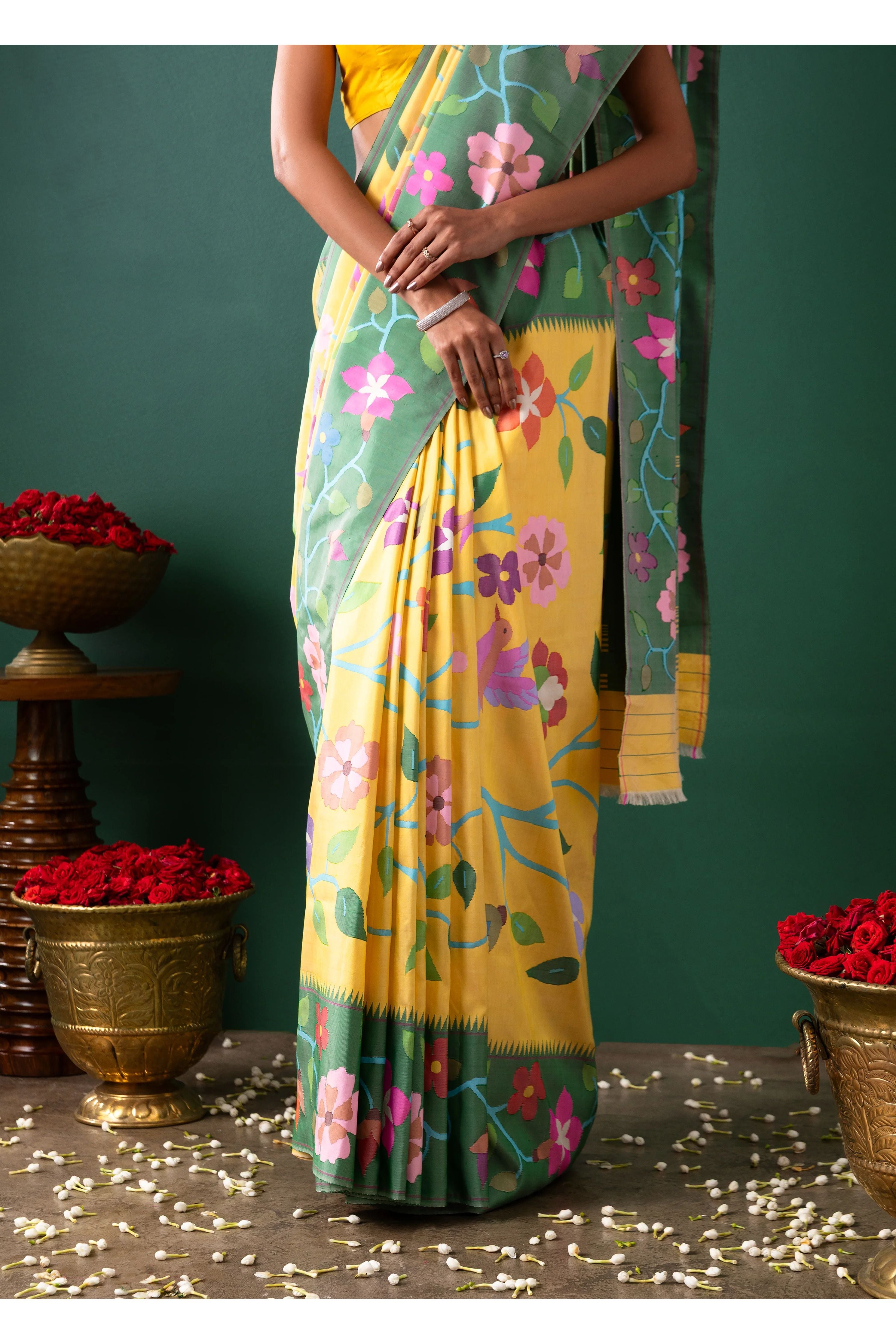 Yellow Paithani Silk Saree with All Over Jaal Weaving - Mokshaa