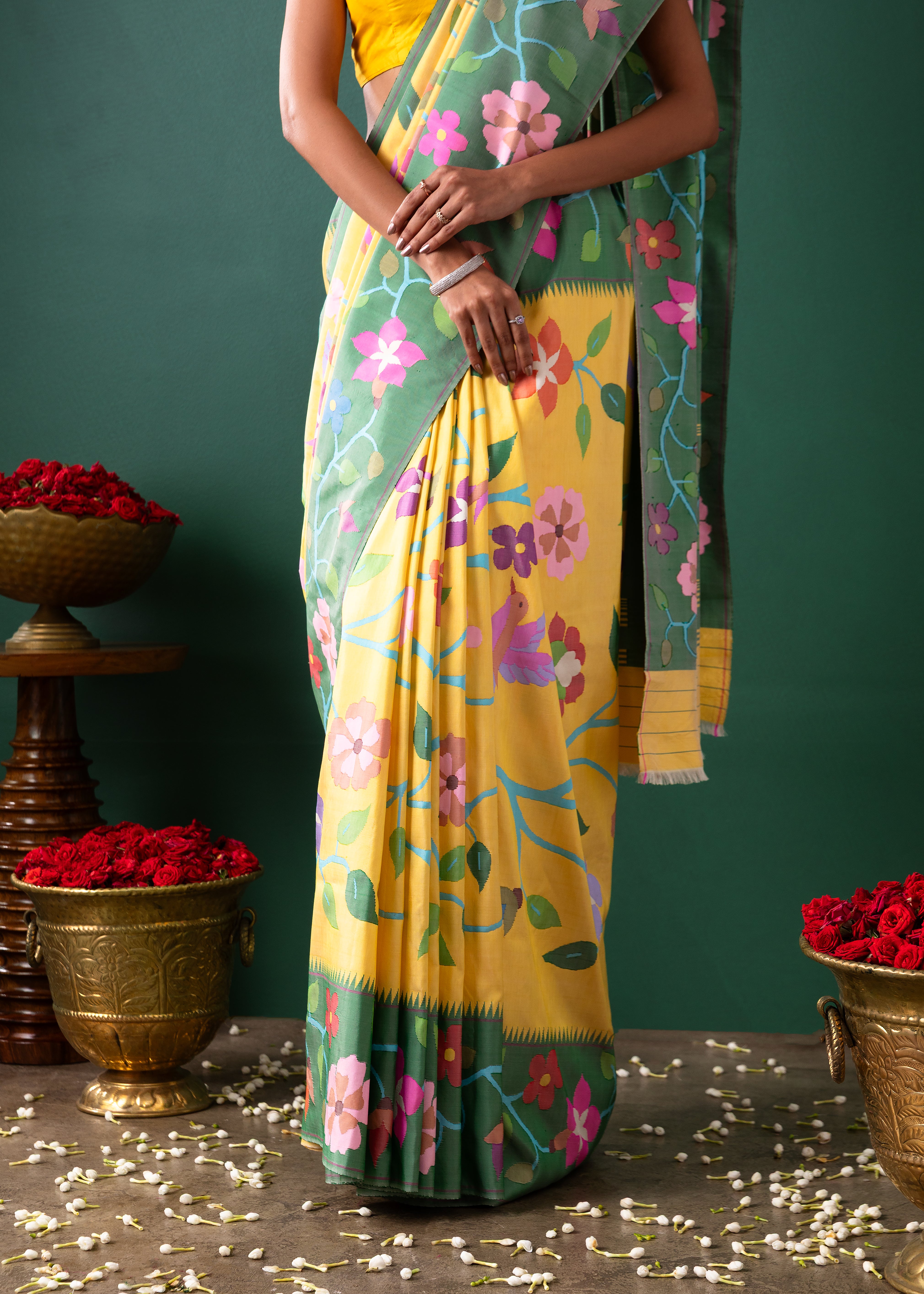Yellow Paithani Silk Saree with All Over Jaal Weaving