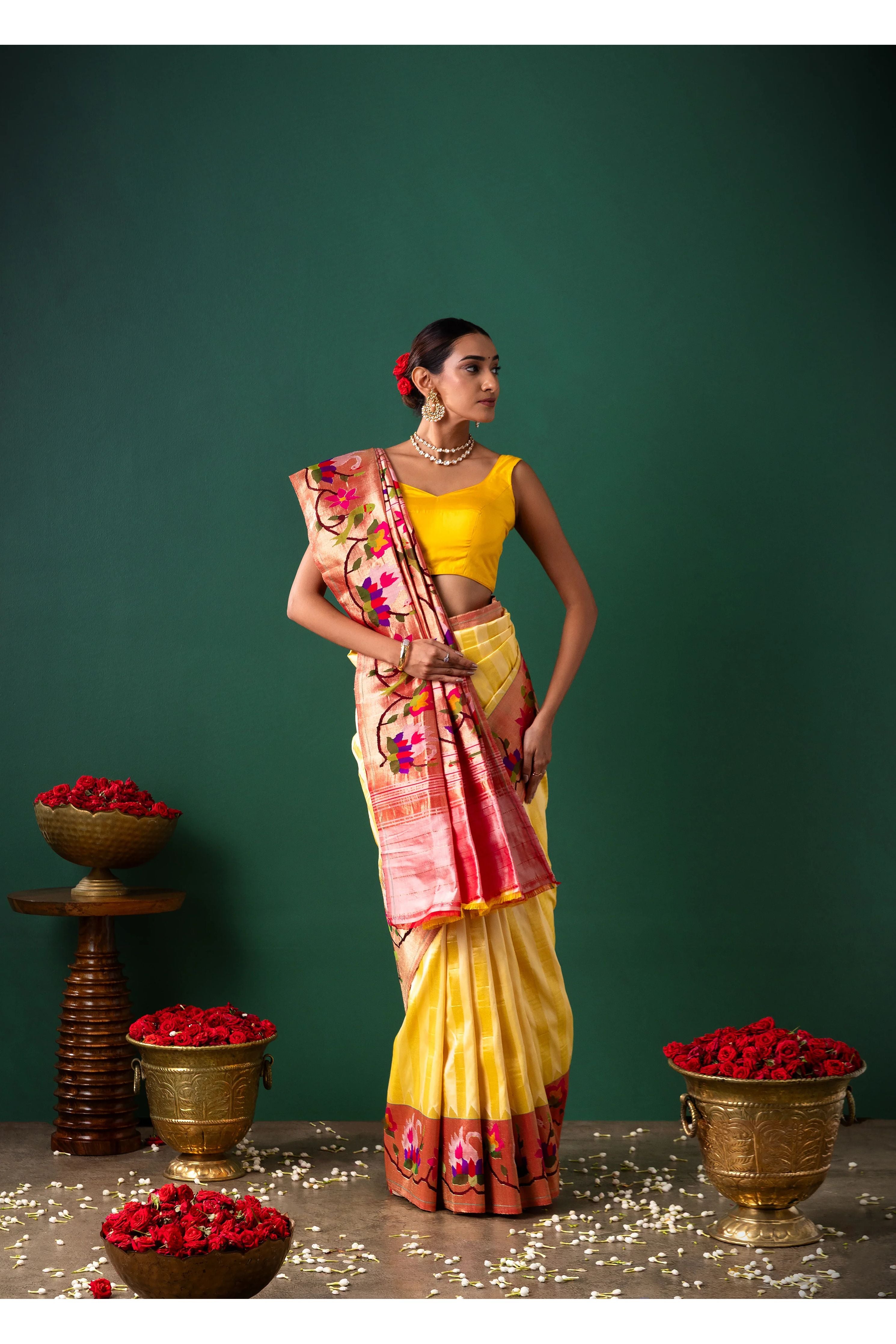 Yellow Paithani Silk Saree with Stripes & Paithani Weaving - Mokshaa