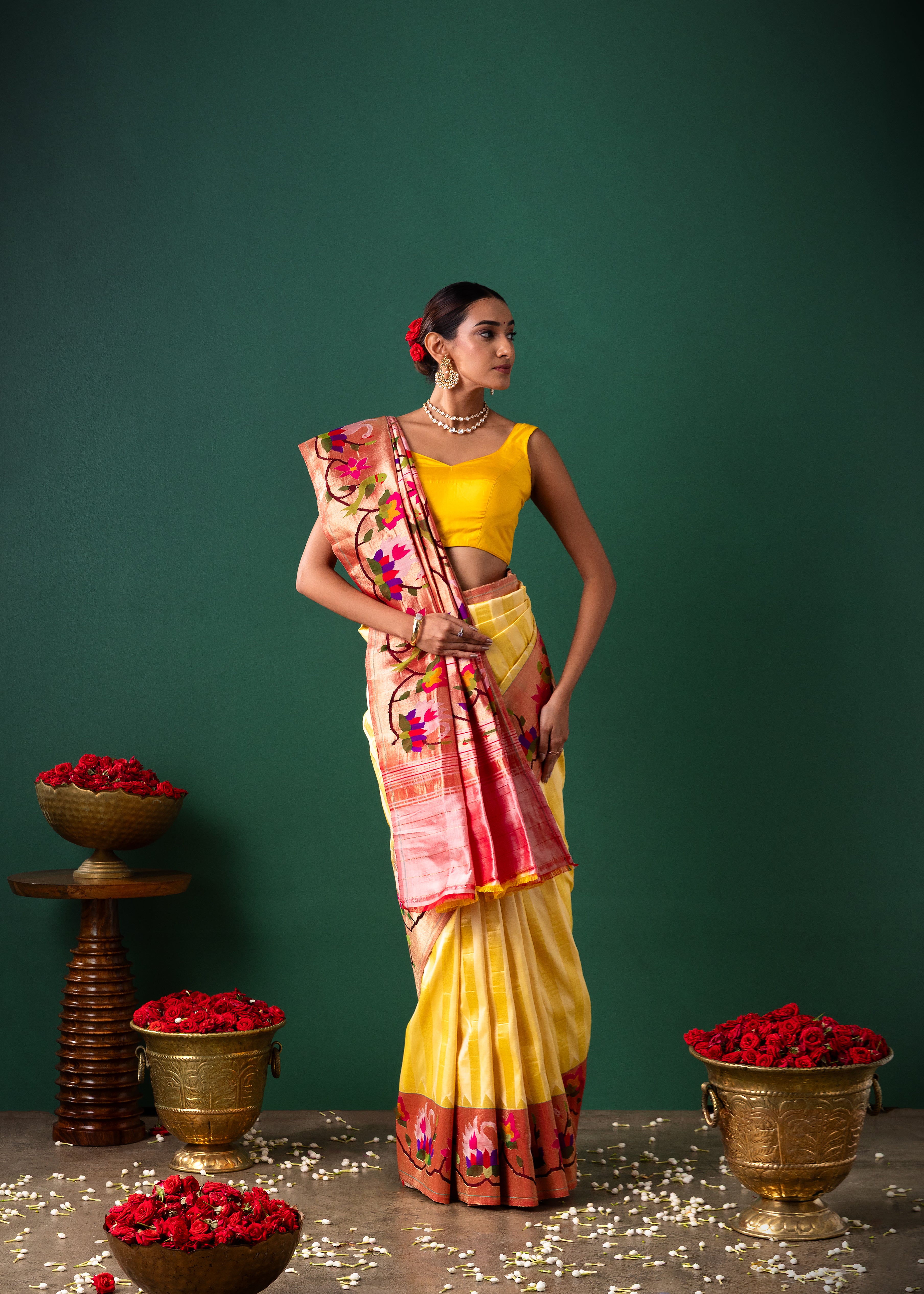 Yellow Paithani Silk Saree with Stripes & Paithani Weaving