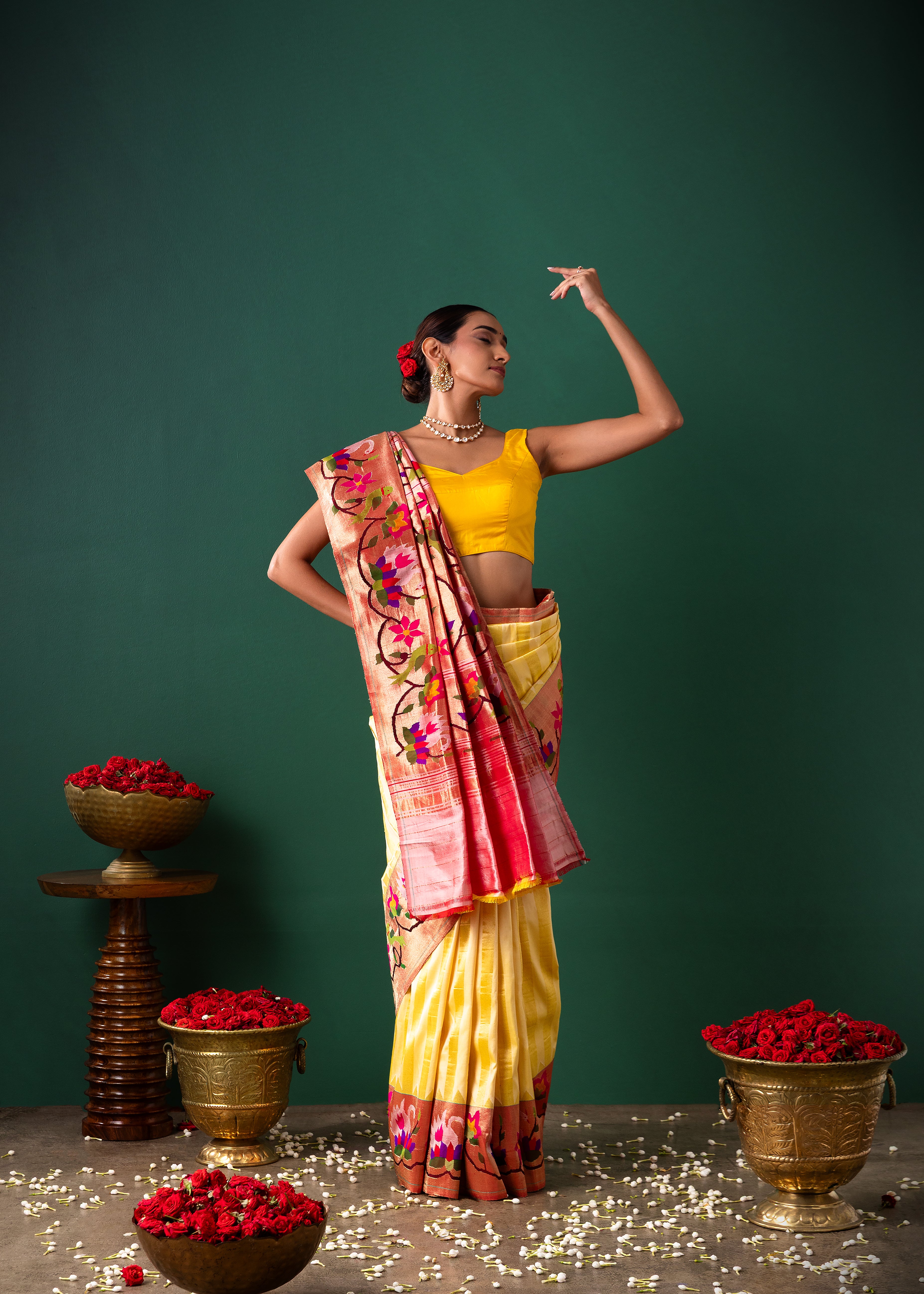 Yellow Paithani Silk Saree with Stripes & Paithani Weaving