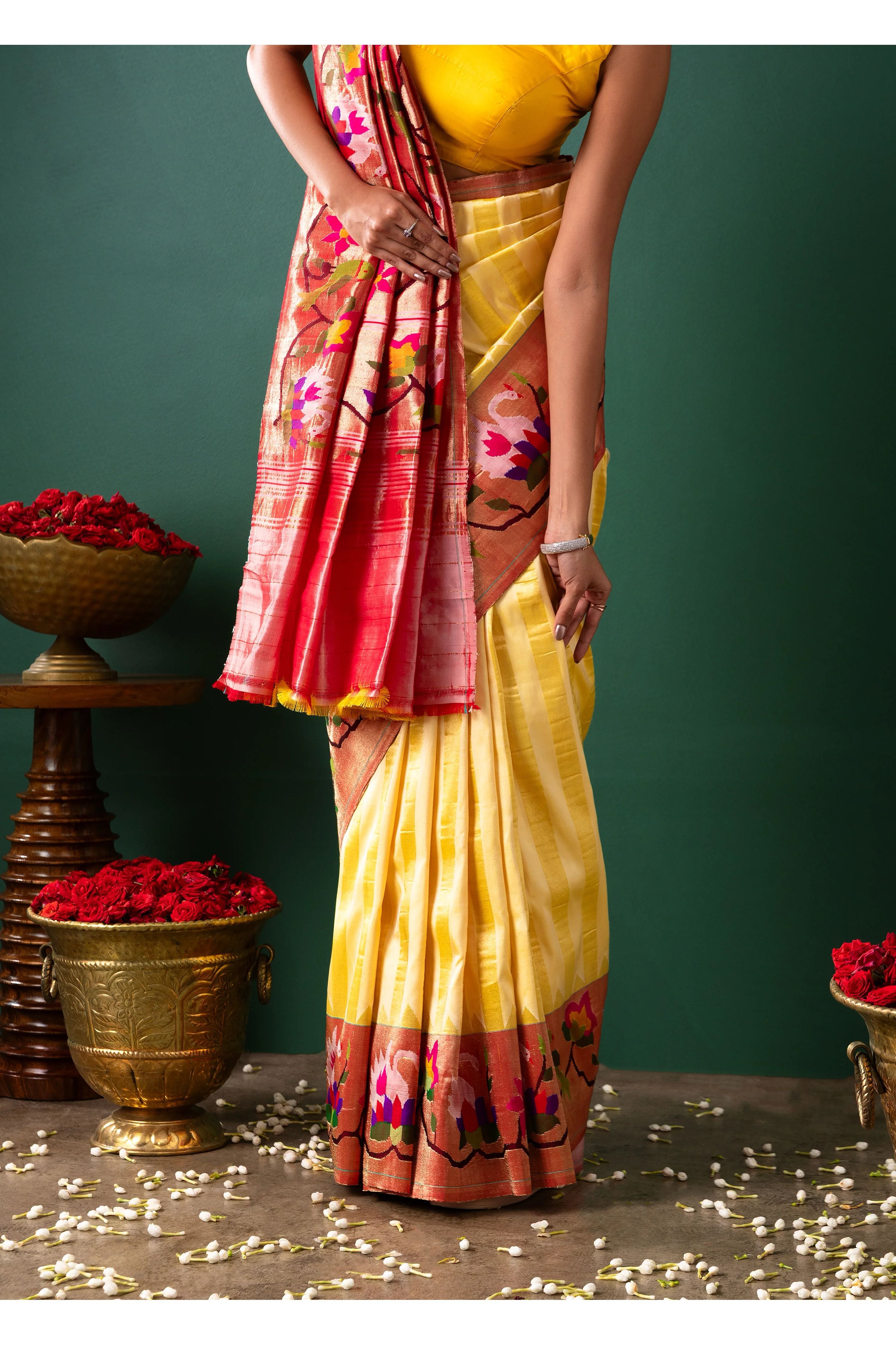 Yellow Paithani Silk Saree with Stripes & Paithani Weaving - Mokshaa