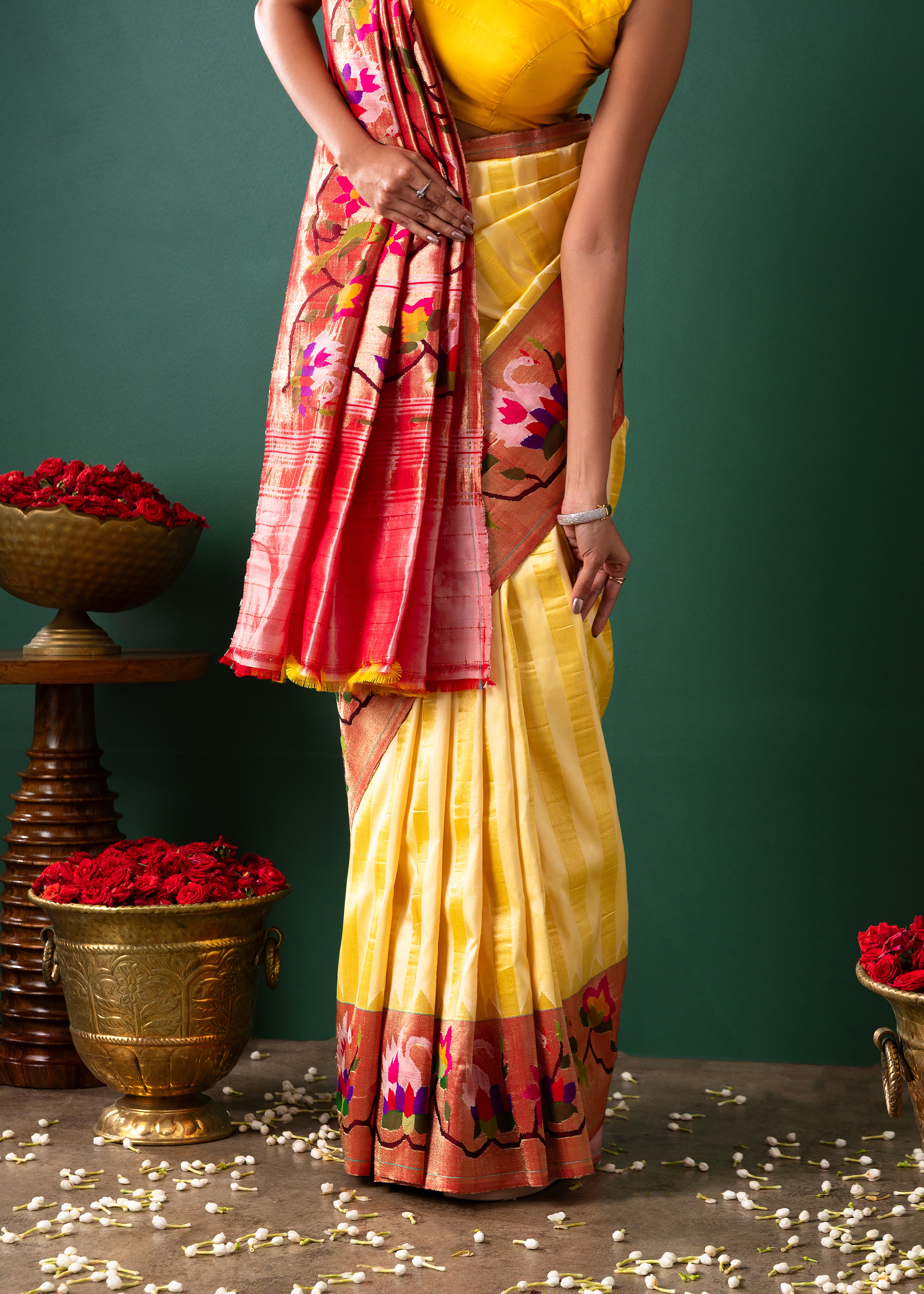 Yellow Paithani Silk Saree with Stripes & Paithani Weaving