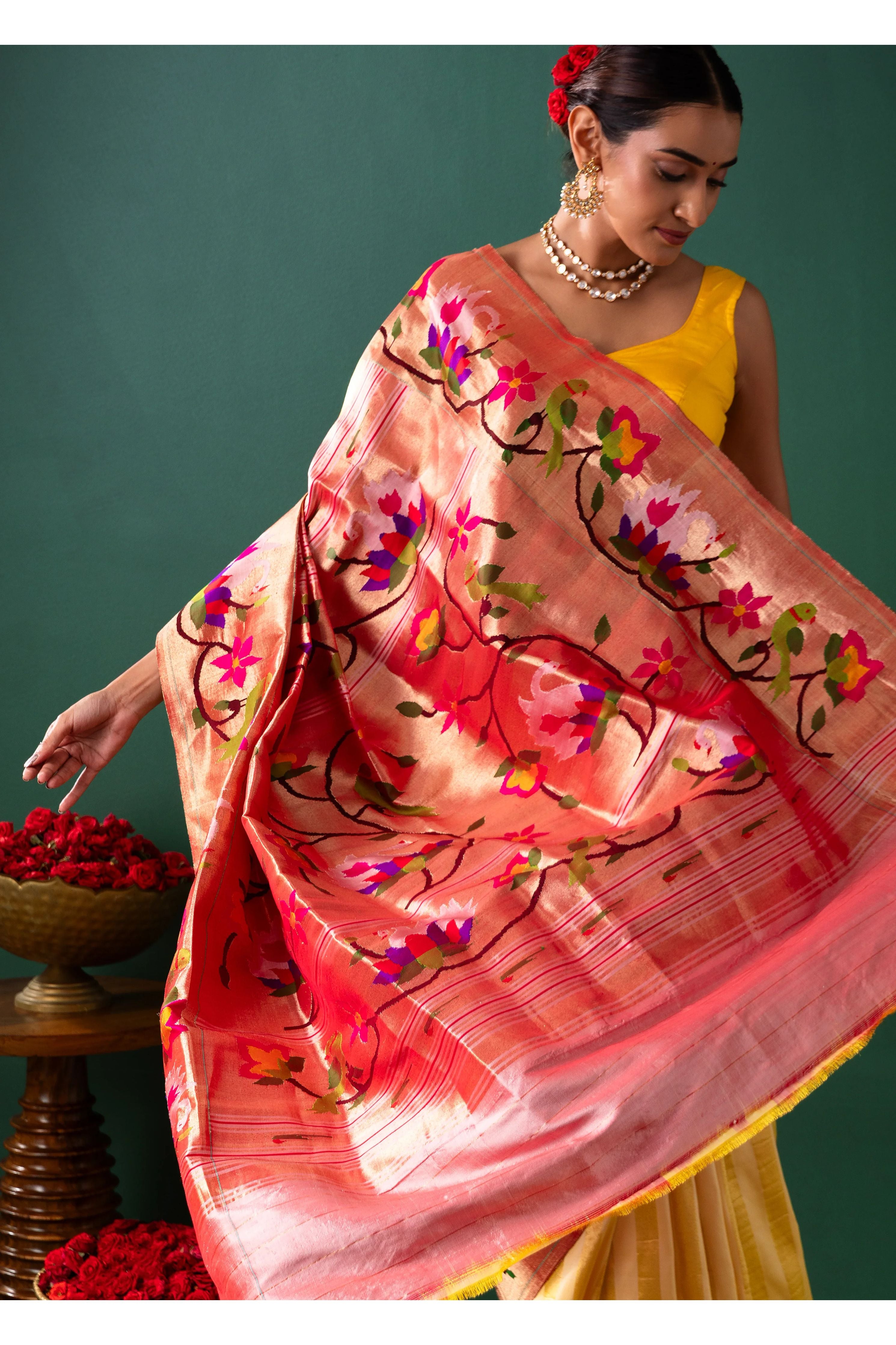 Yellow Paithani Silk Saree with Stripes & Paithani Weaving - Mokshaa