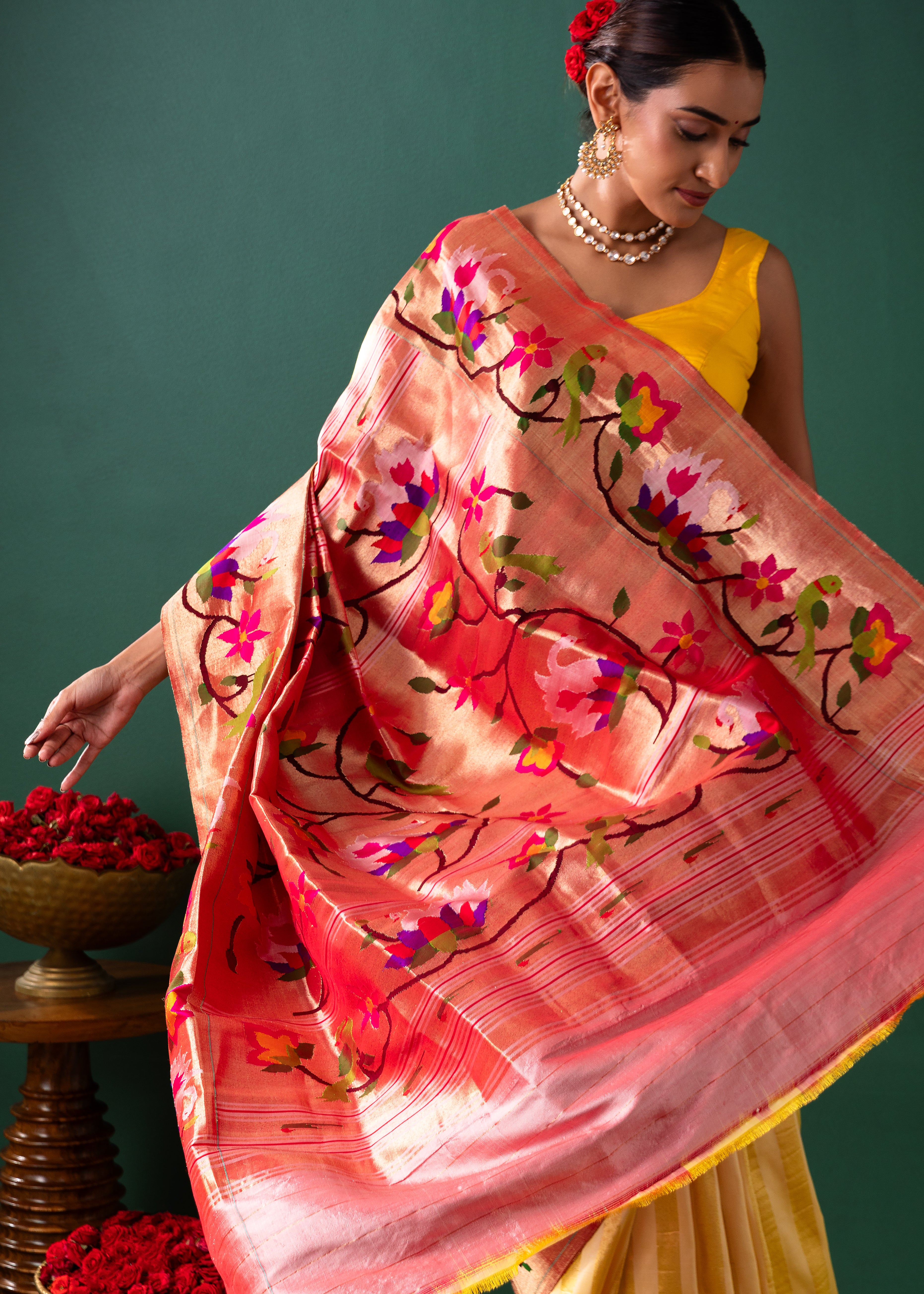 Yellow Paithani Silk Saree with Stripes & Paithani Weaving