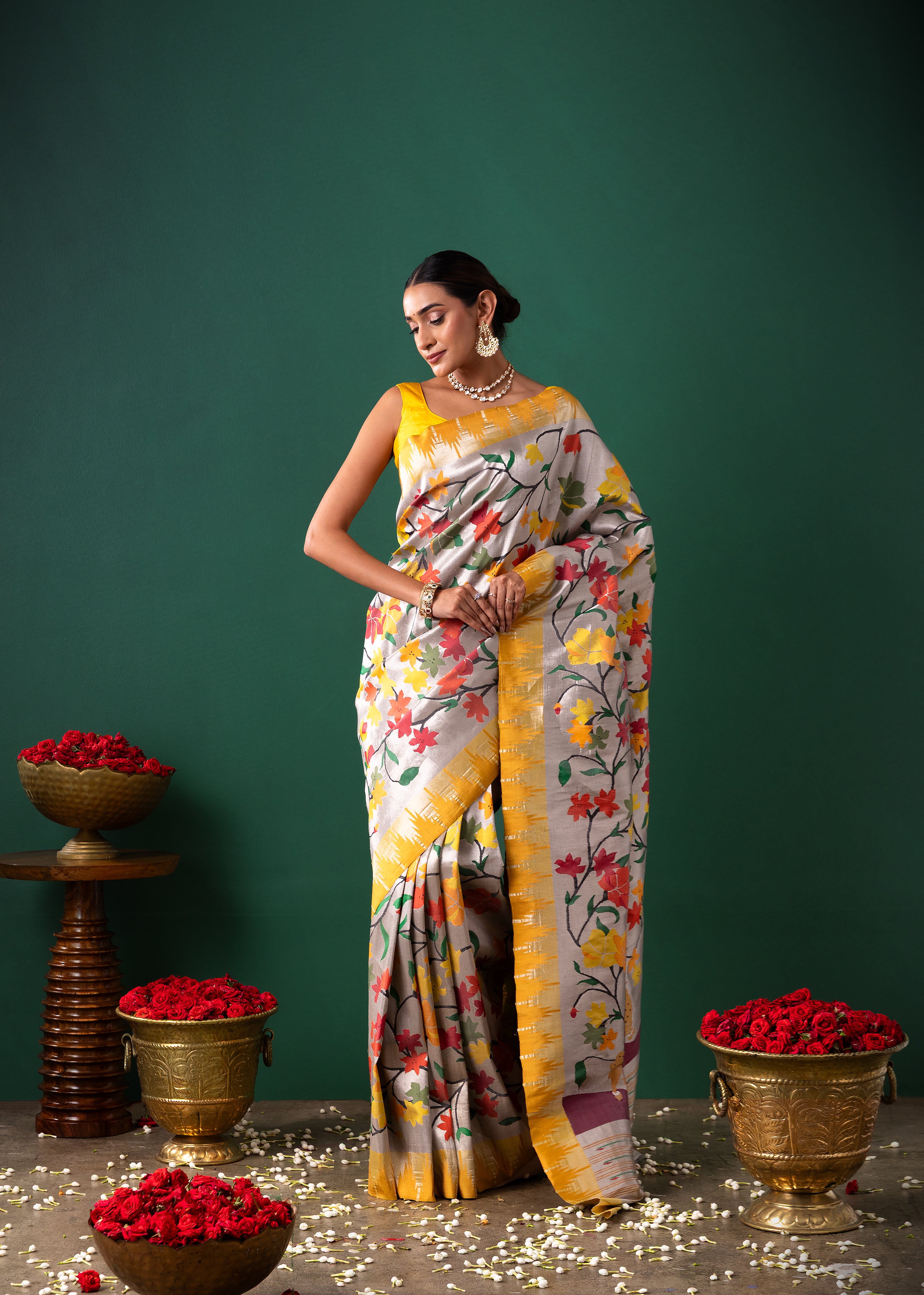 Silver Paithani Tissue Saree with All Over Jaal Weaving