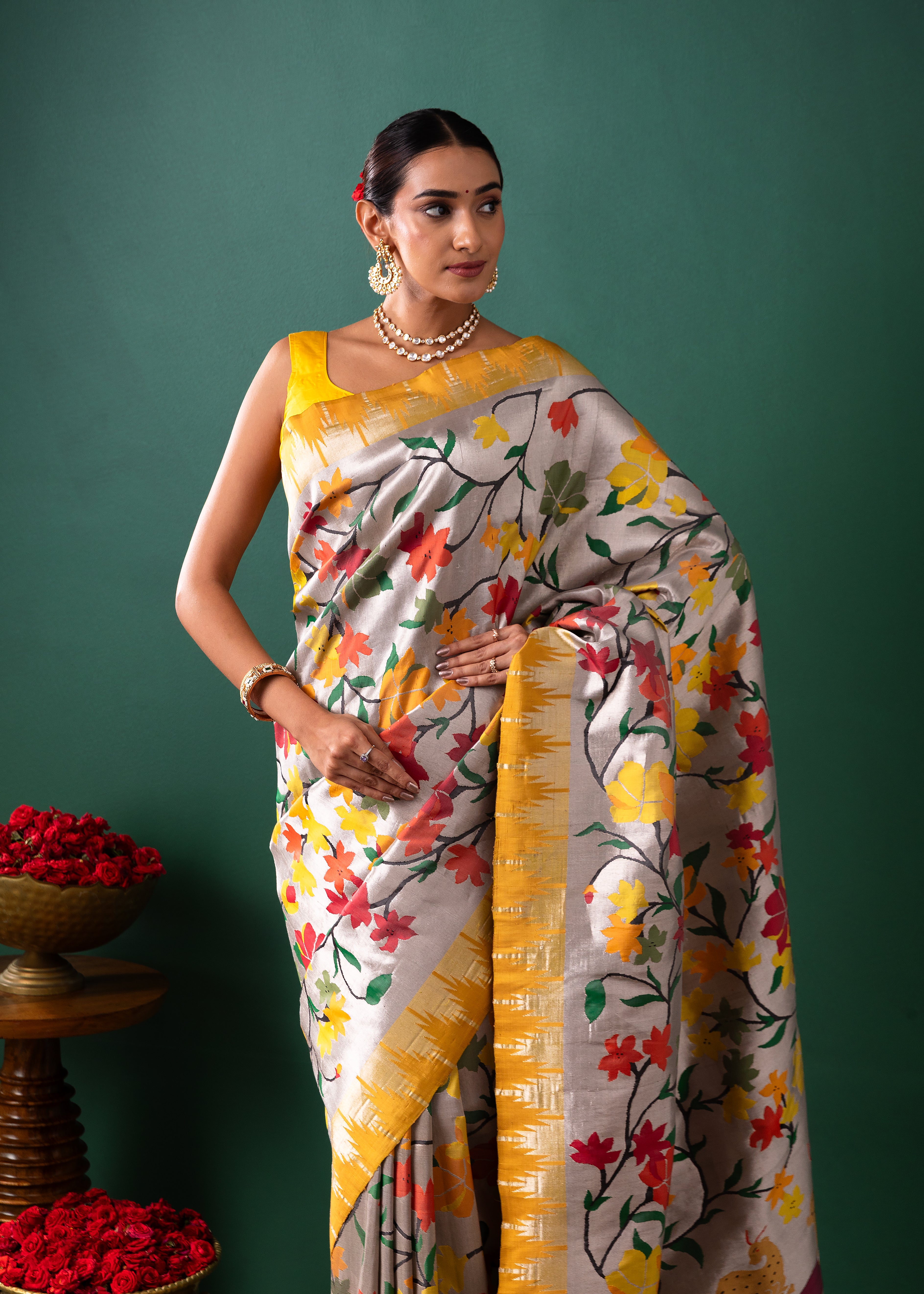 Silver Paithani Tissue Saree with All Over Jaal Weaving