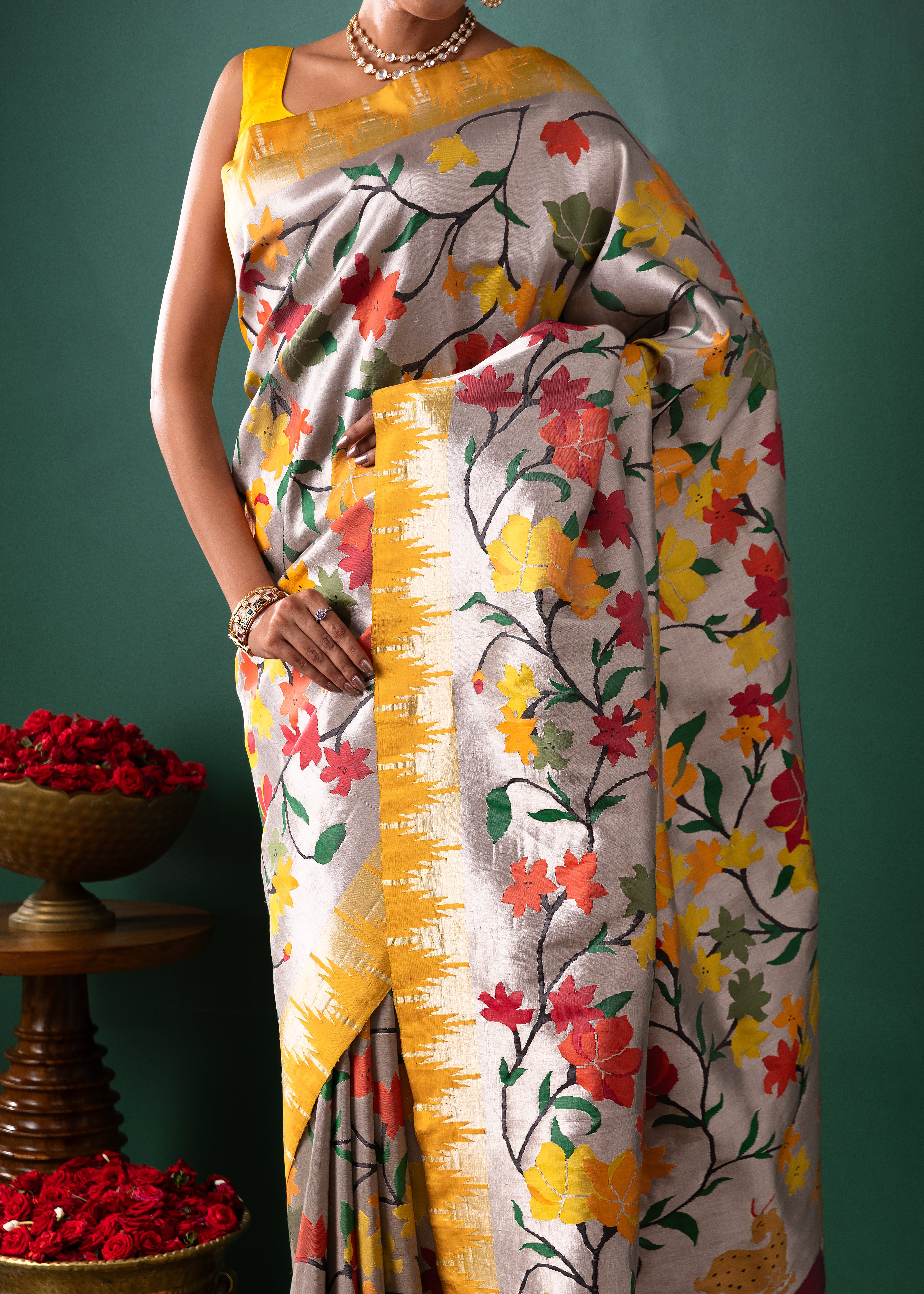 Silver Paithani Tissue Saree with All Over Jaal Weaving