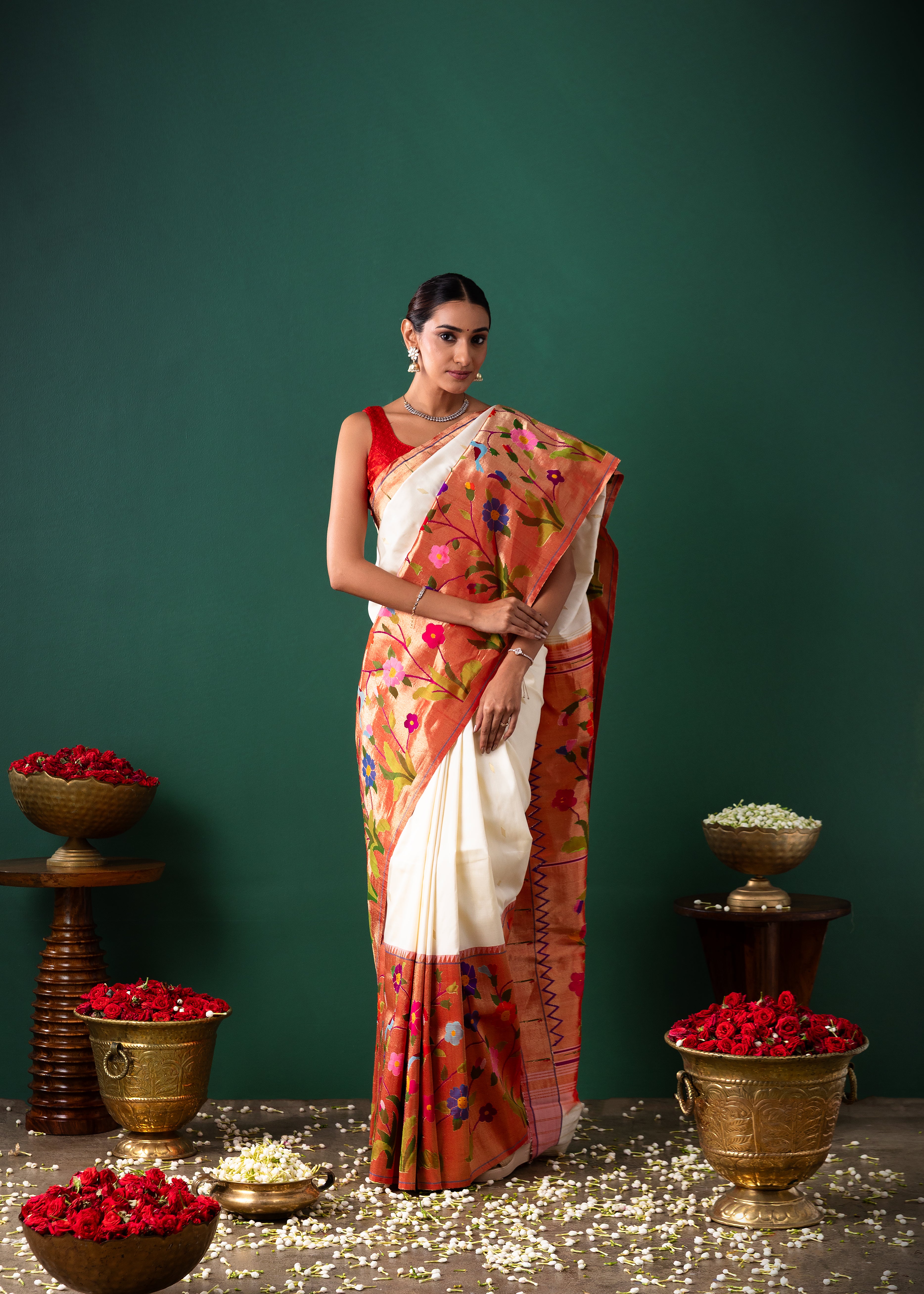 Off White Paithani Silk Saree with Buttise & Paithani Border
