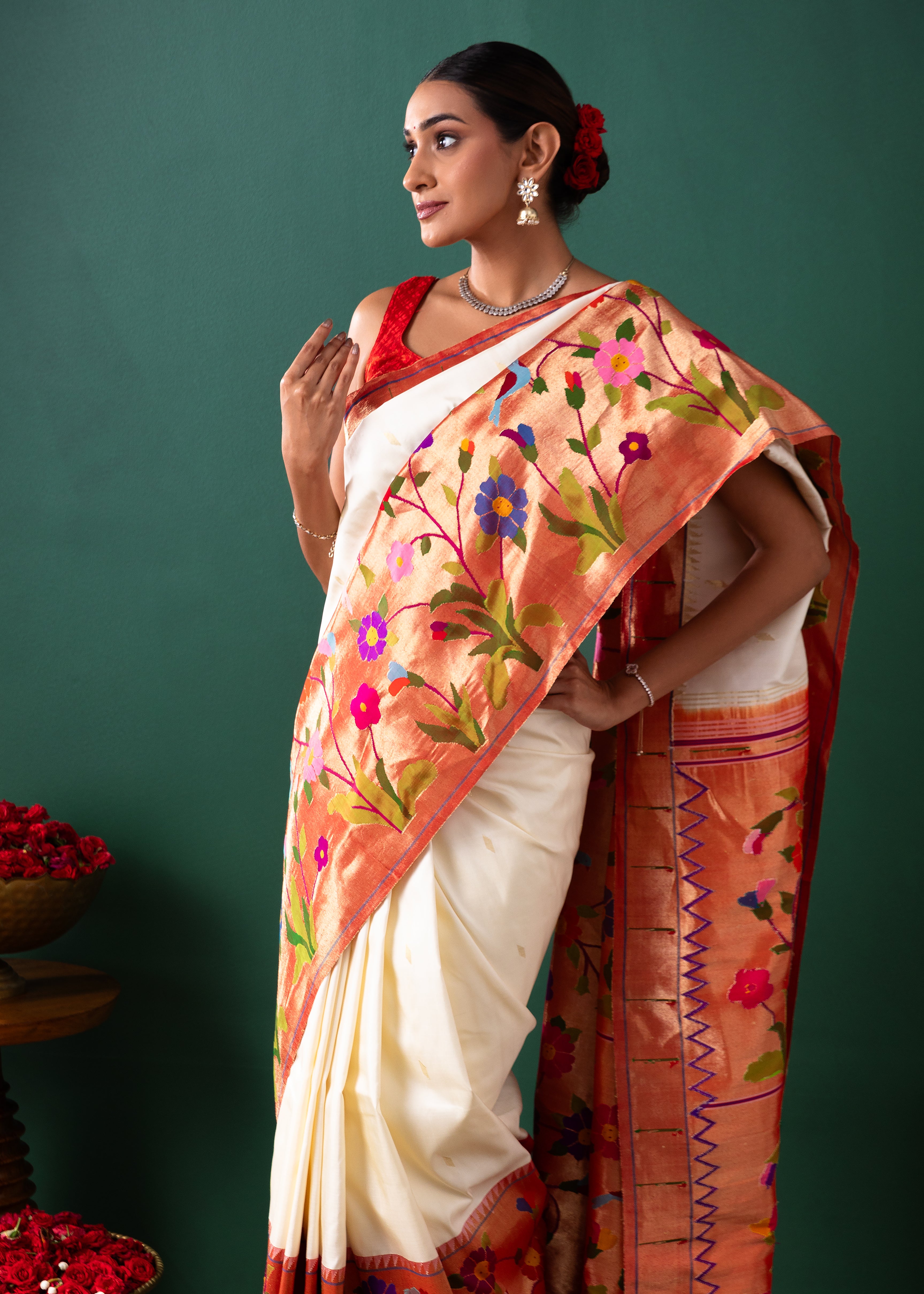 Off White Paithani Silk Saree with Buttise & Paithani Border