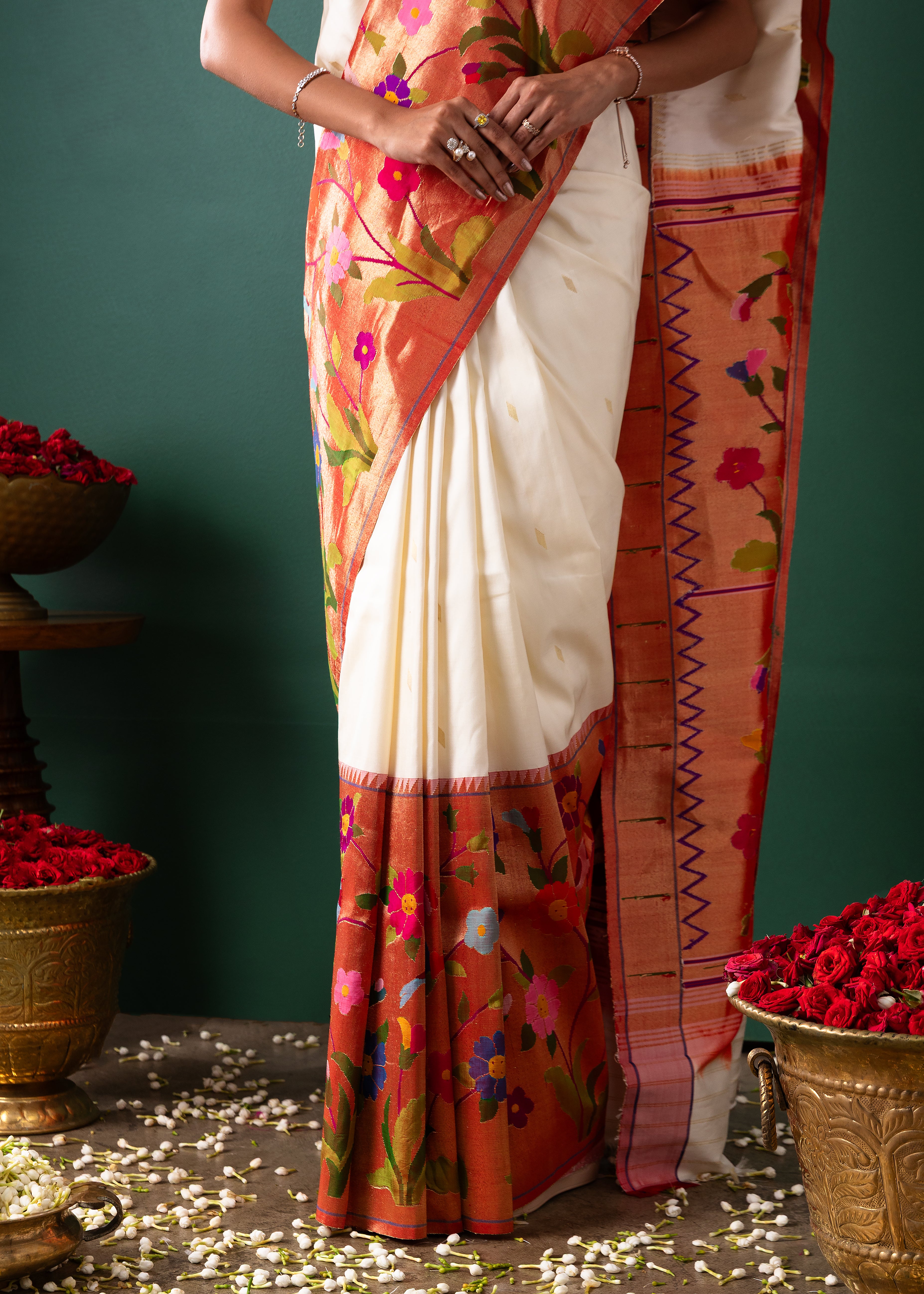 Off White Paithani Silk Saree with Buttise & Paithani Border