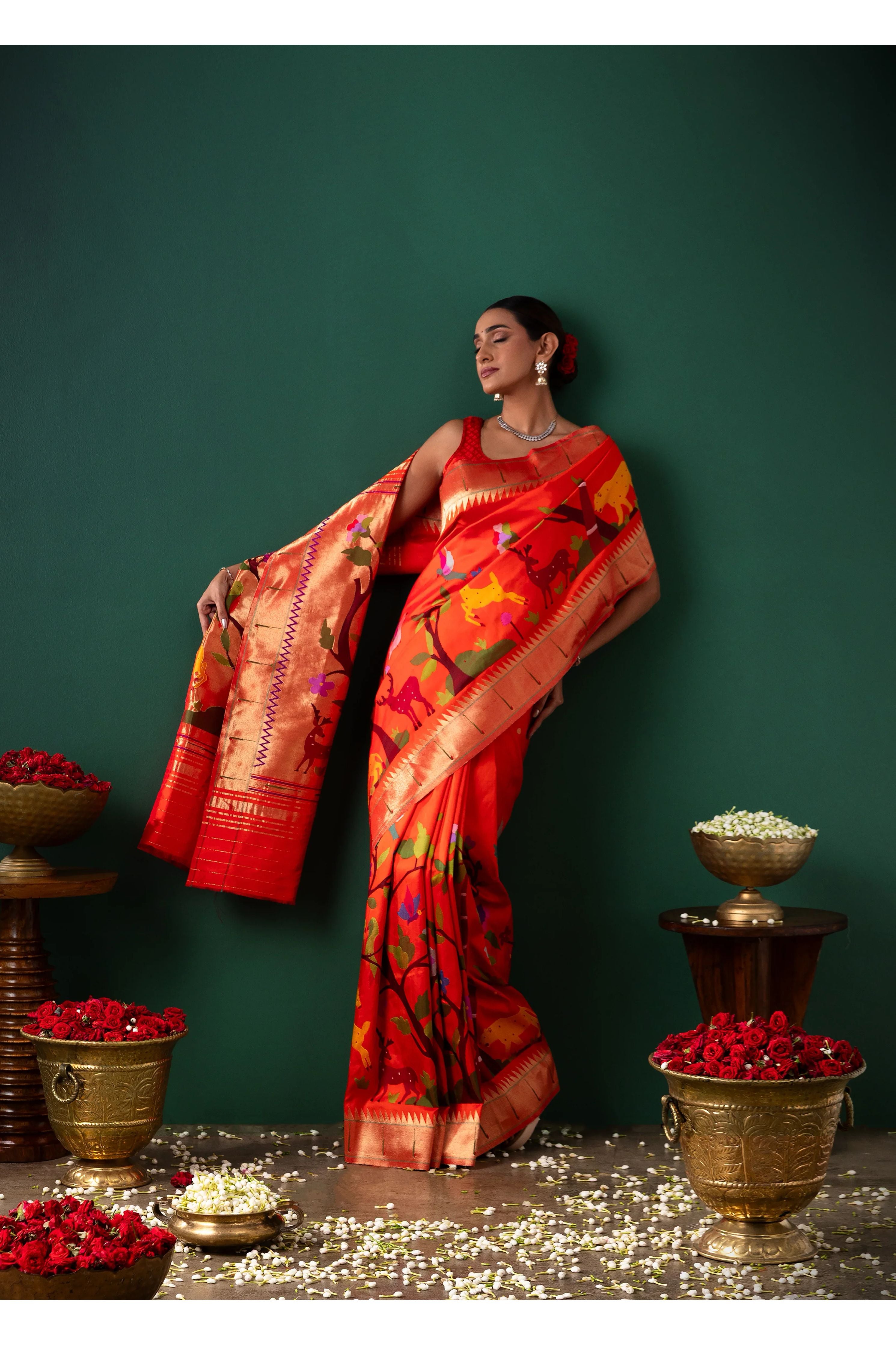 Orange Paithani Silk Saree with All Over Jaal Weaving - Mokshaa