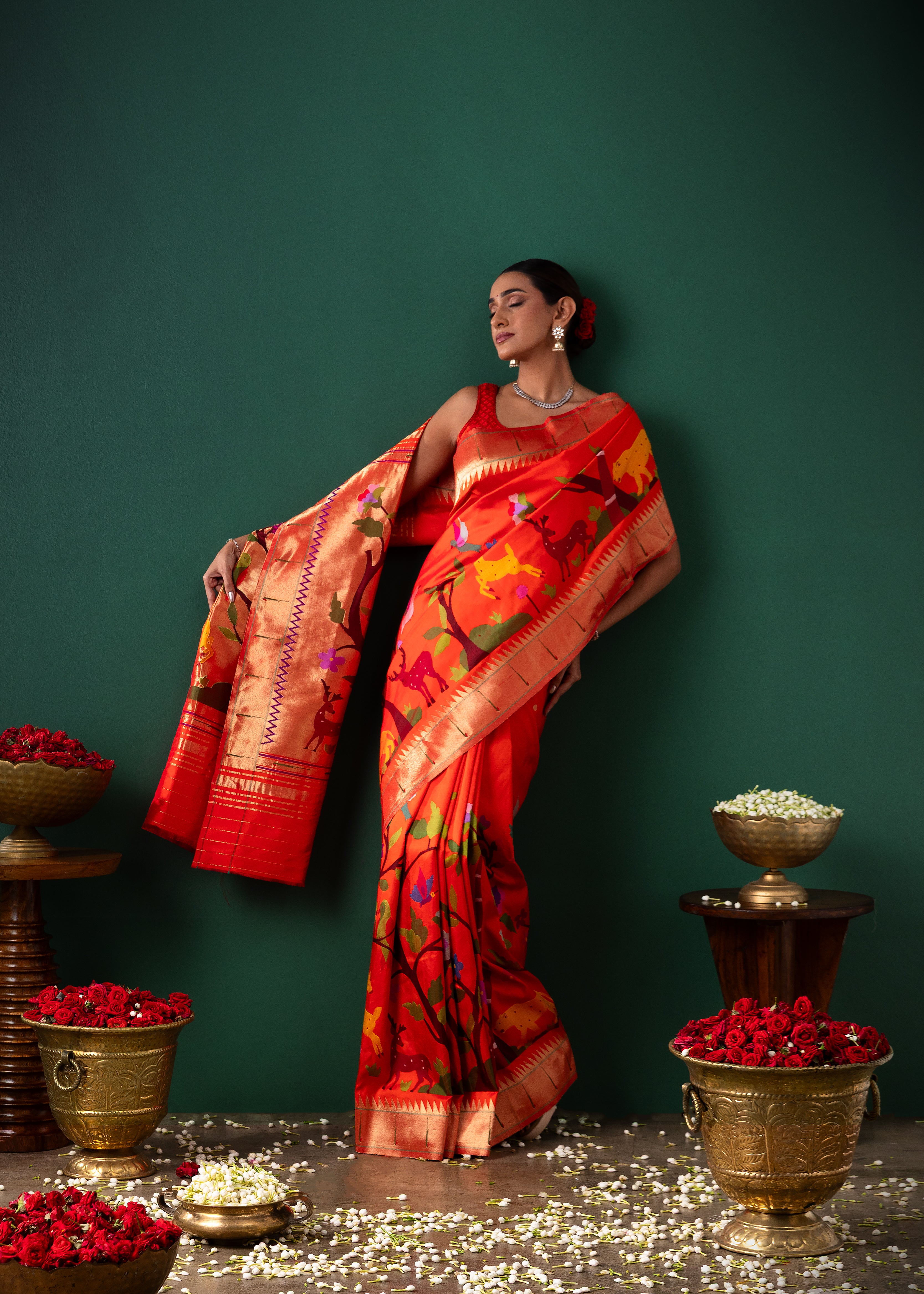 Orange Paithani Silk Saree with All Over Jaal Weaving