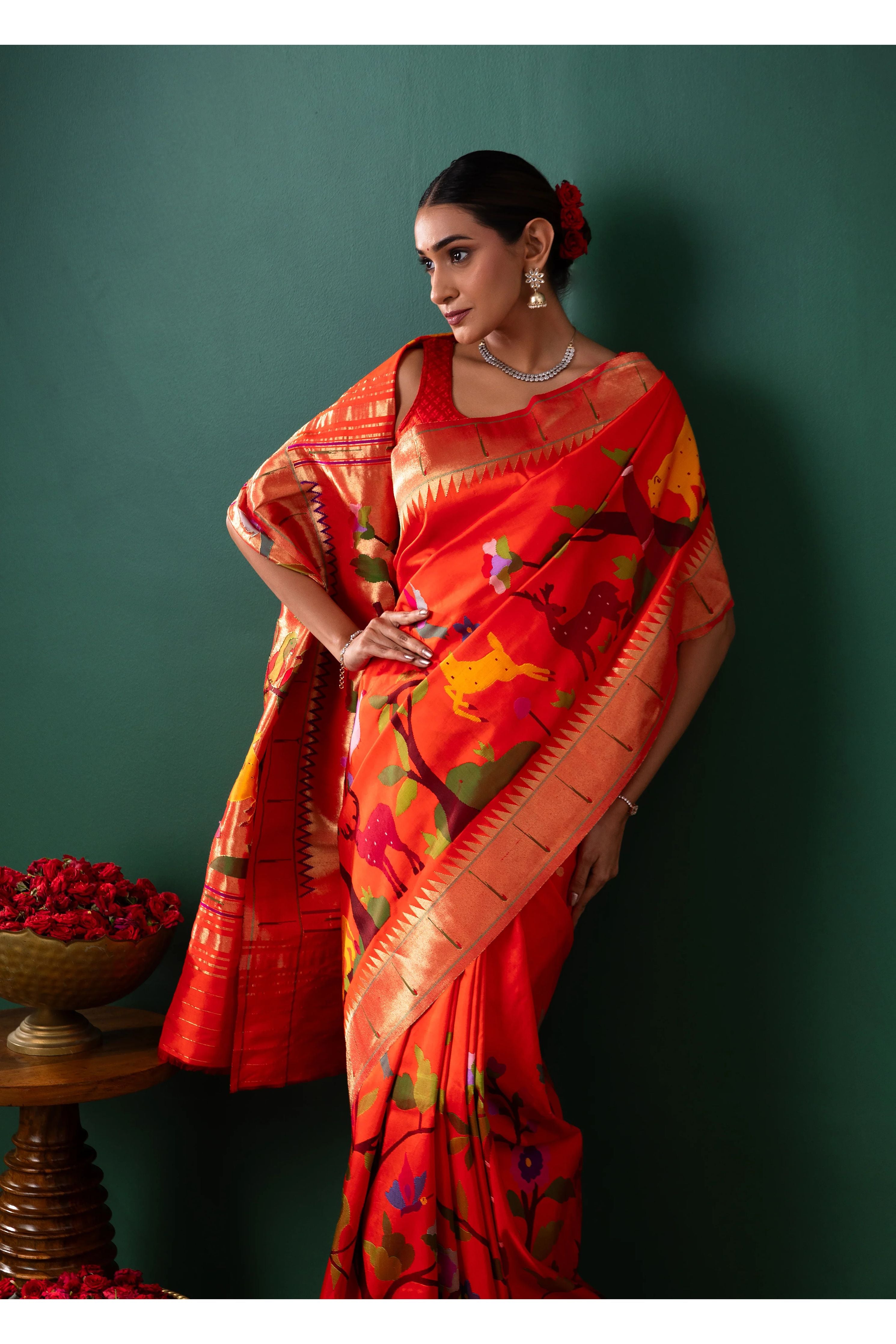 Orange Paithani Silk Saree with All Over Jaal Weaving - Mokshaa