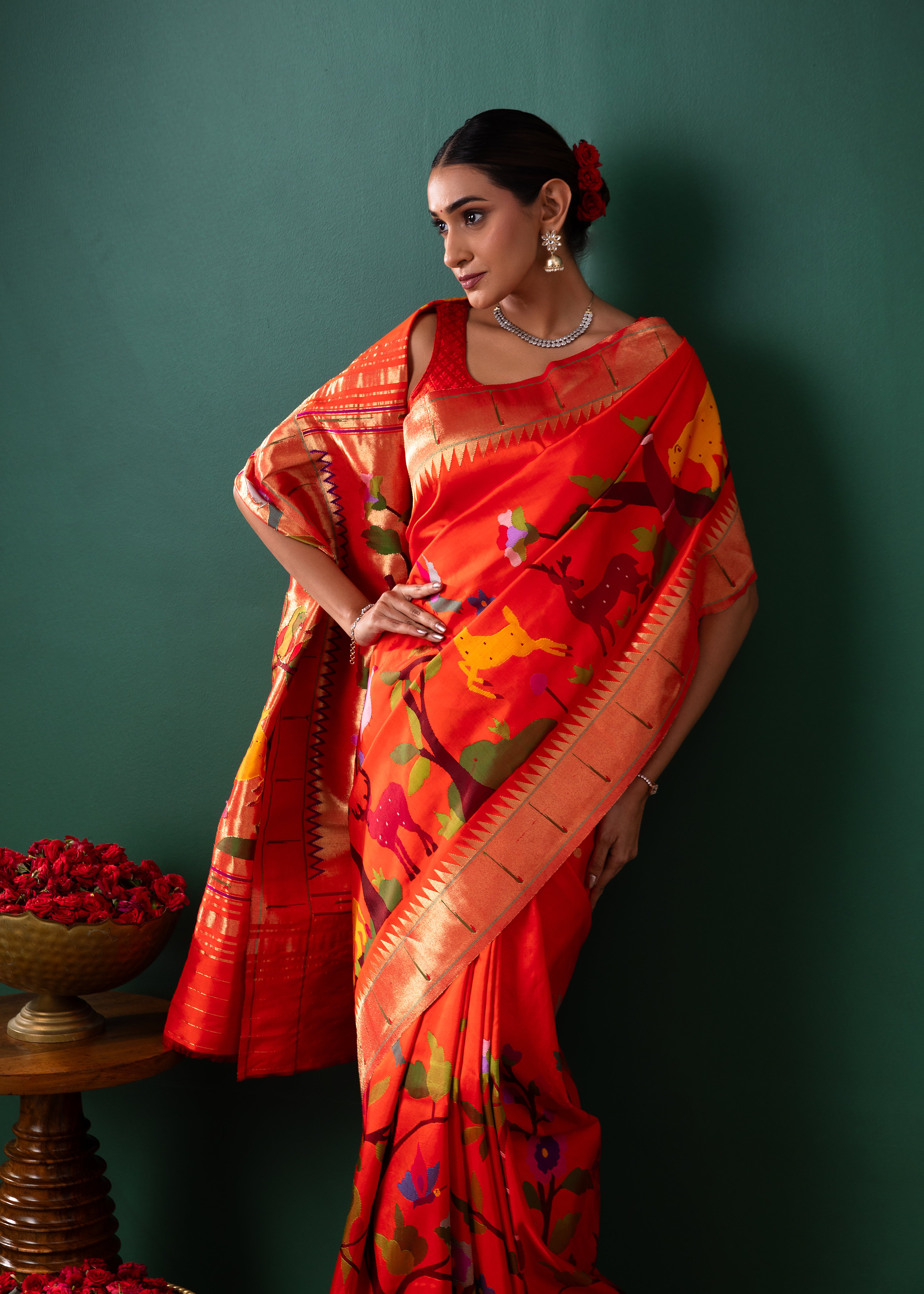 Orange Paithani Silk Saree with All Over Jaal Weaving