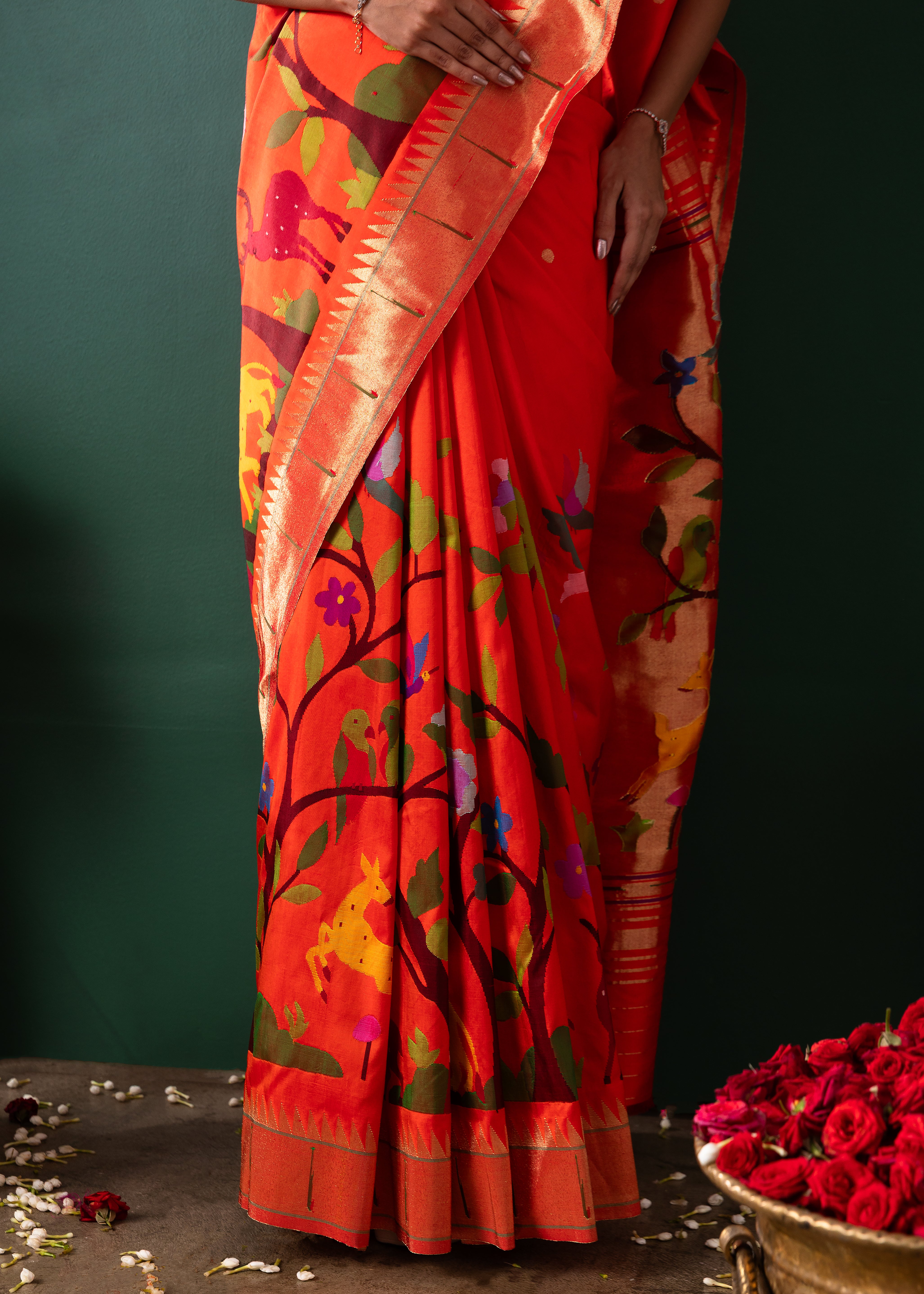 Orange Paithani Silk Saree with All Over Jaal Weaving