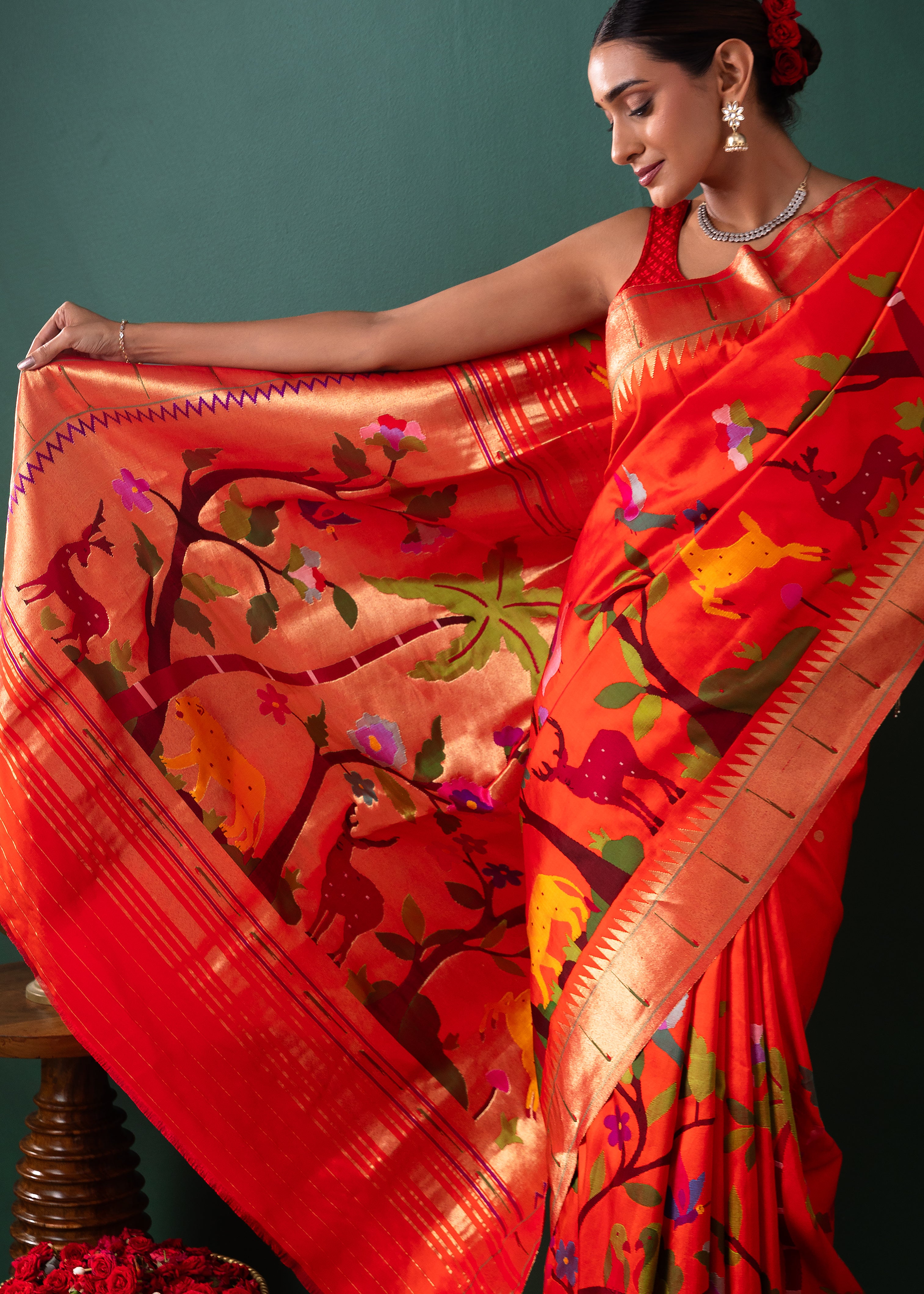 Orange Paithani Silk Saree with All Over Jaal Weaving