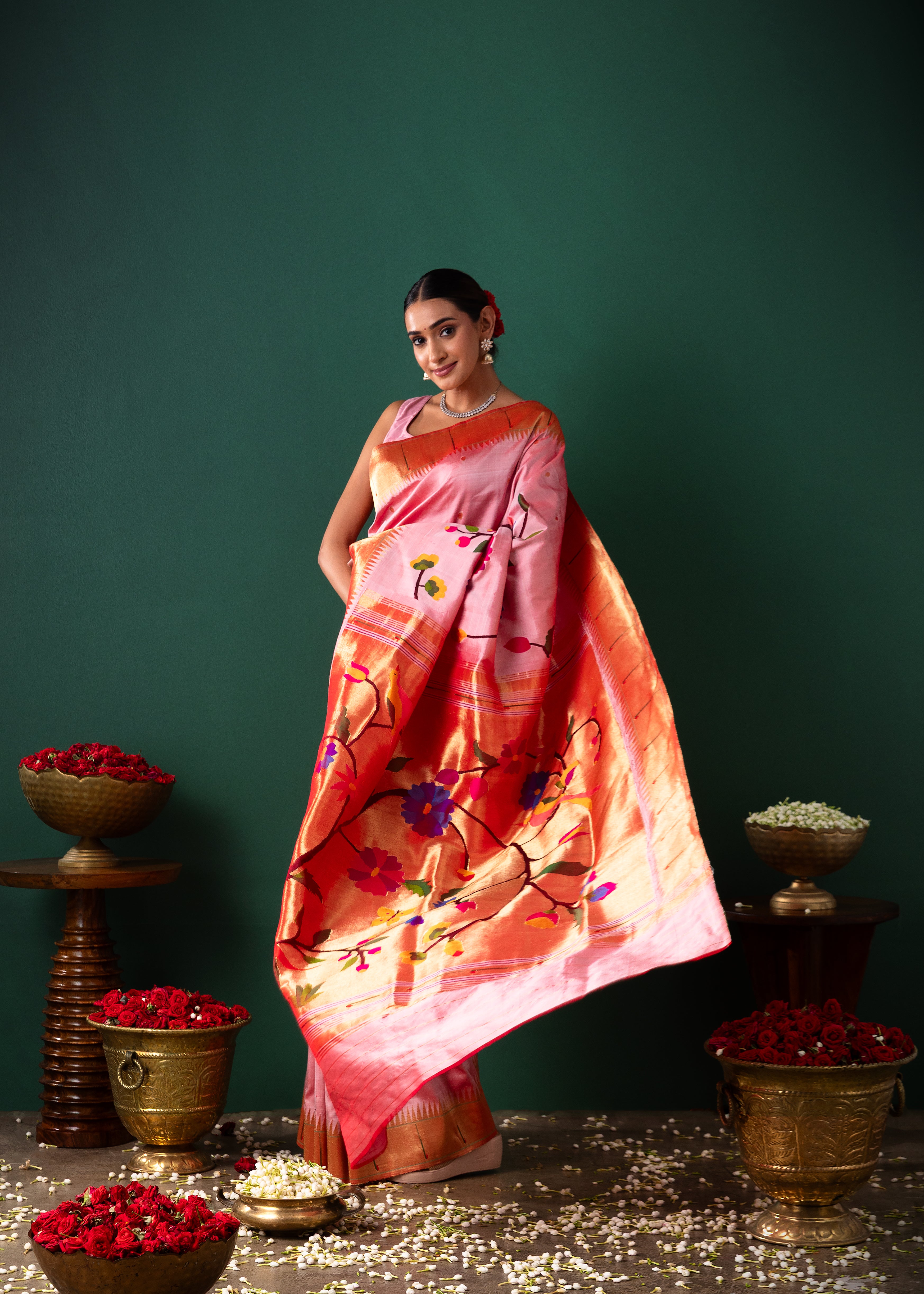 Peach Paithani Silk Saree with All Over Jaal Weaving