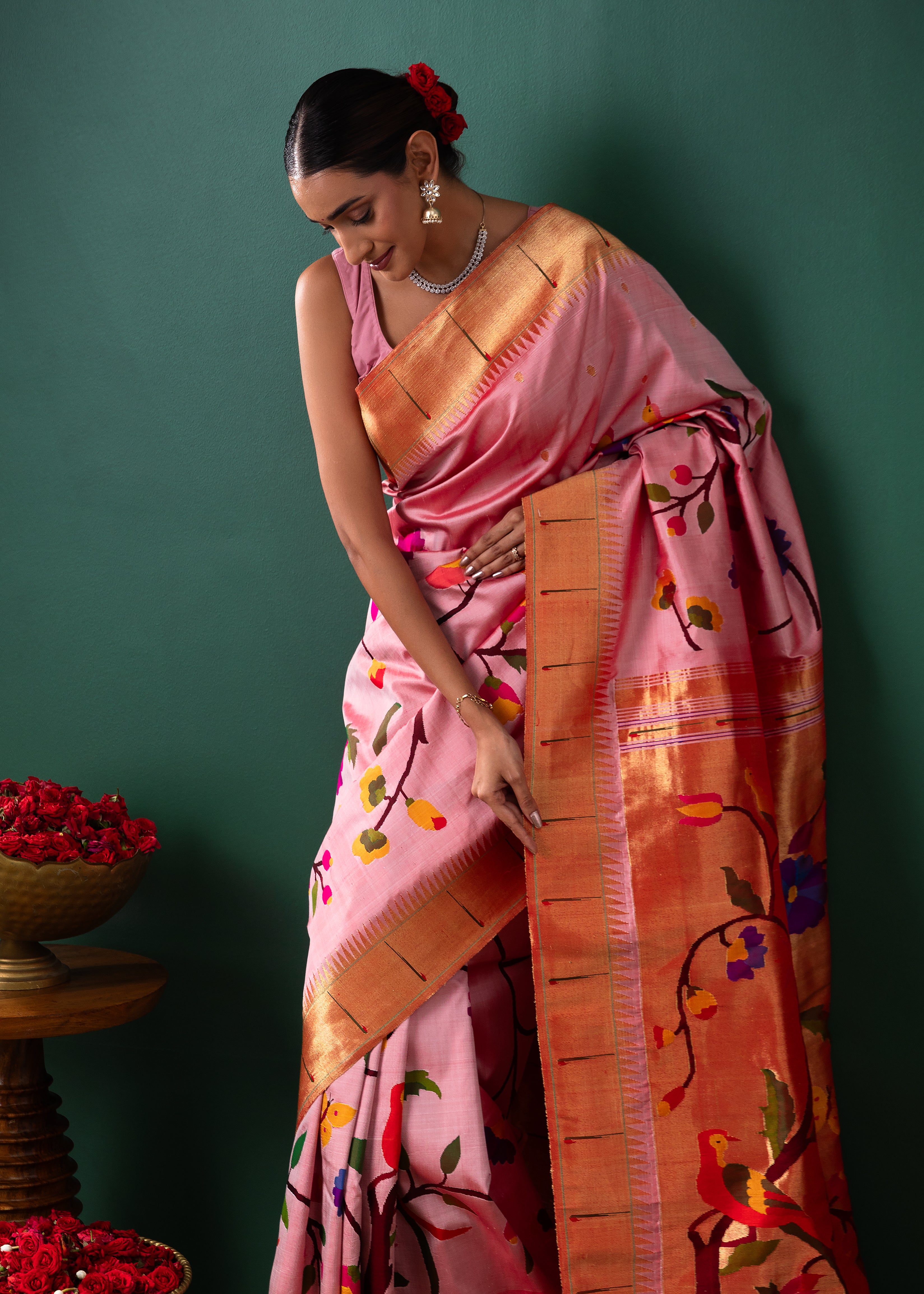 Peach Paithani Silk Saree with All Over Jaal Weaving