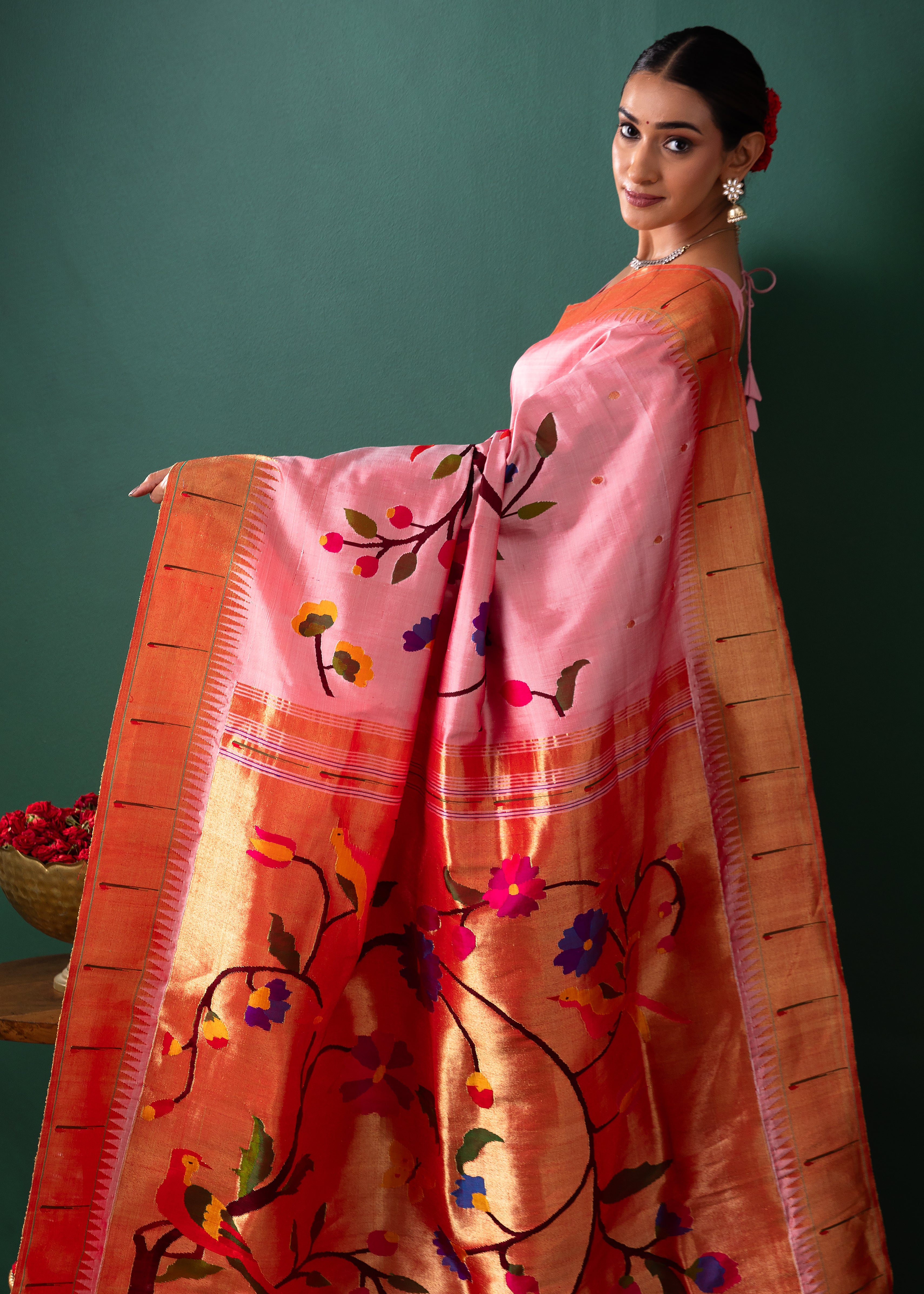 Peach Paithani Silk Saree with All Over Jaal Weaving