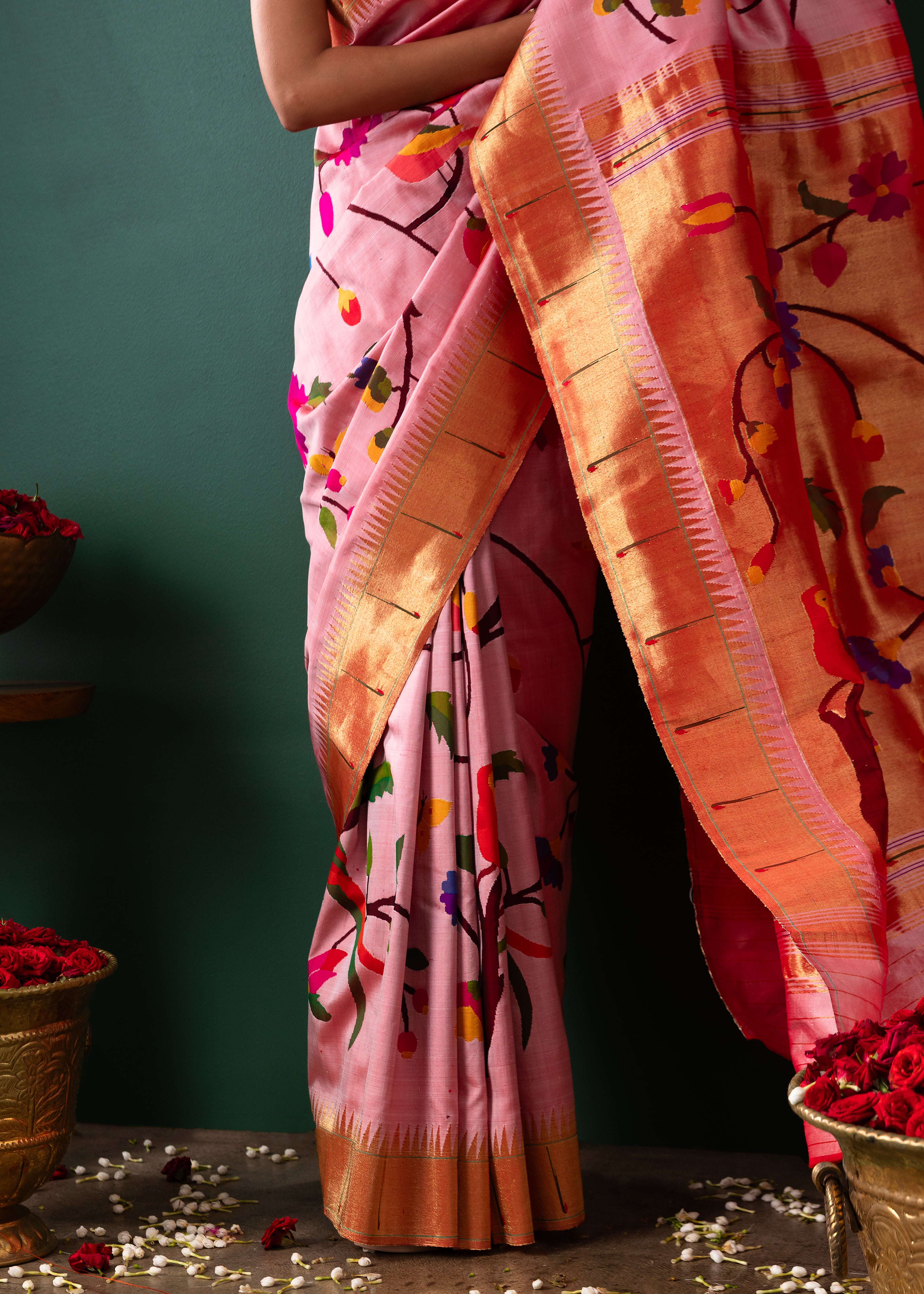 Peach Paithani Silk Saree with All Over Jaal Weaving