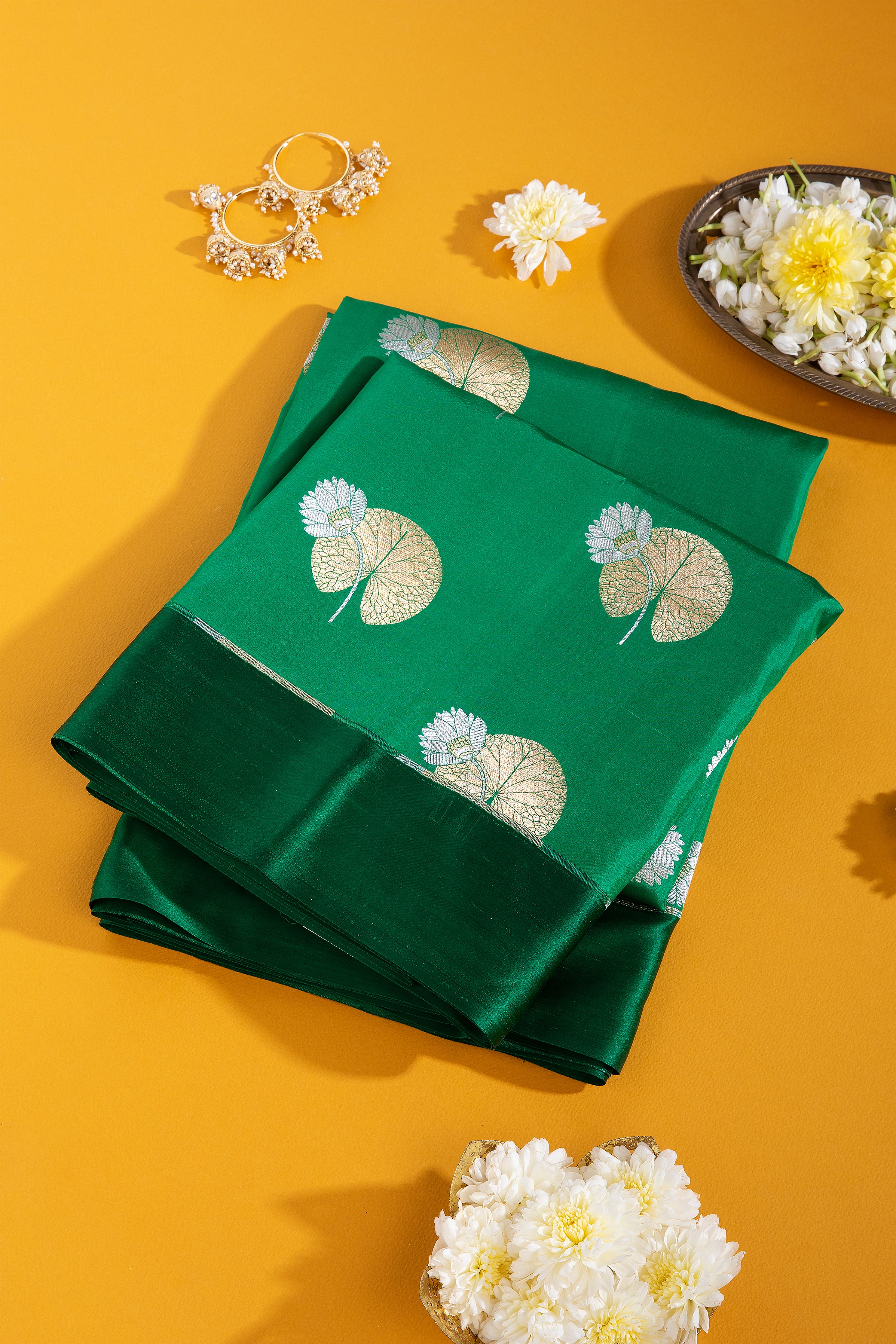 Emerald Green Banaras Satin Silk Saree - Mokshaa